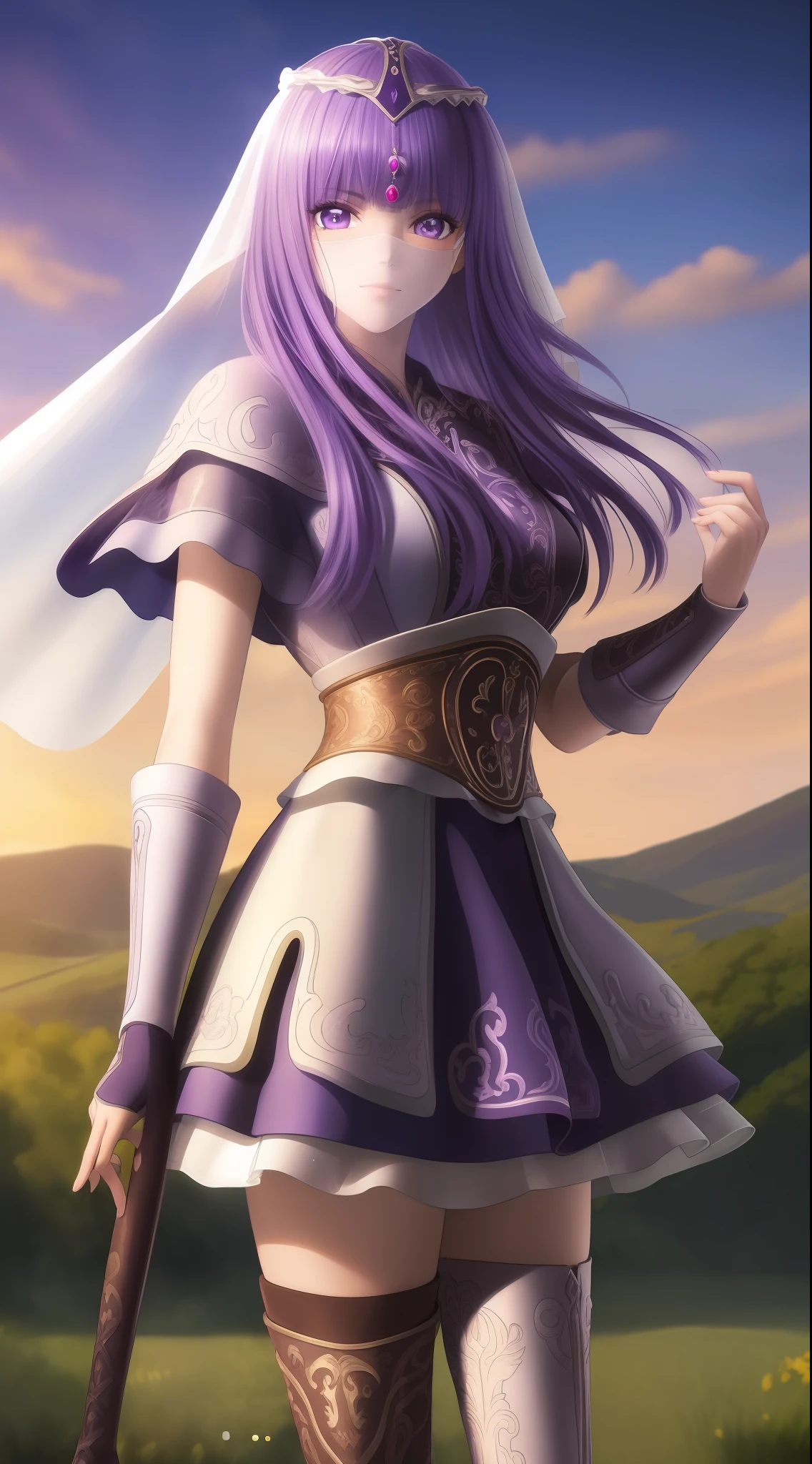 masterpiece, (best quality:1.4), (ultra highres:1.2),4K quality, (delicate illustration:1.4),(8k, RAW photo:1.2),1girl,veil, purple eyes,armor, dress, thighhighs, thigh boots,  cowboy shot,