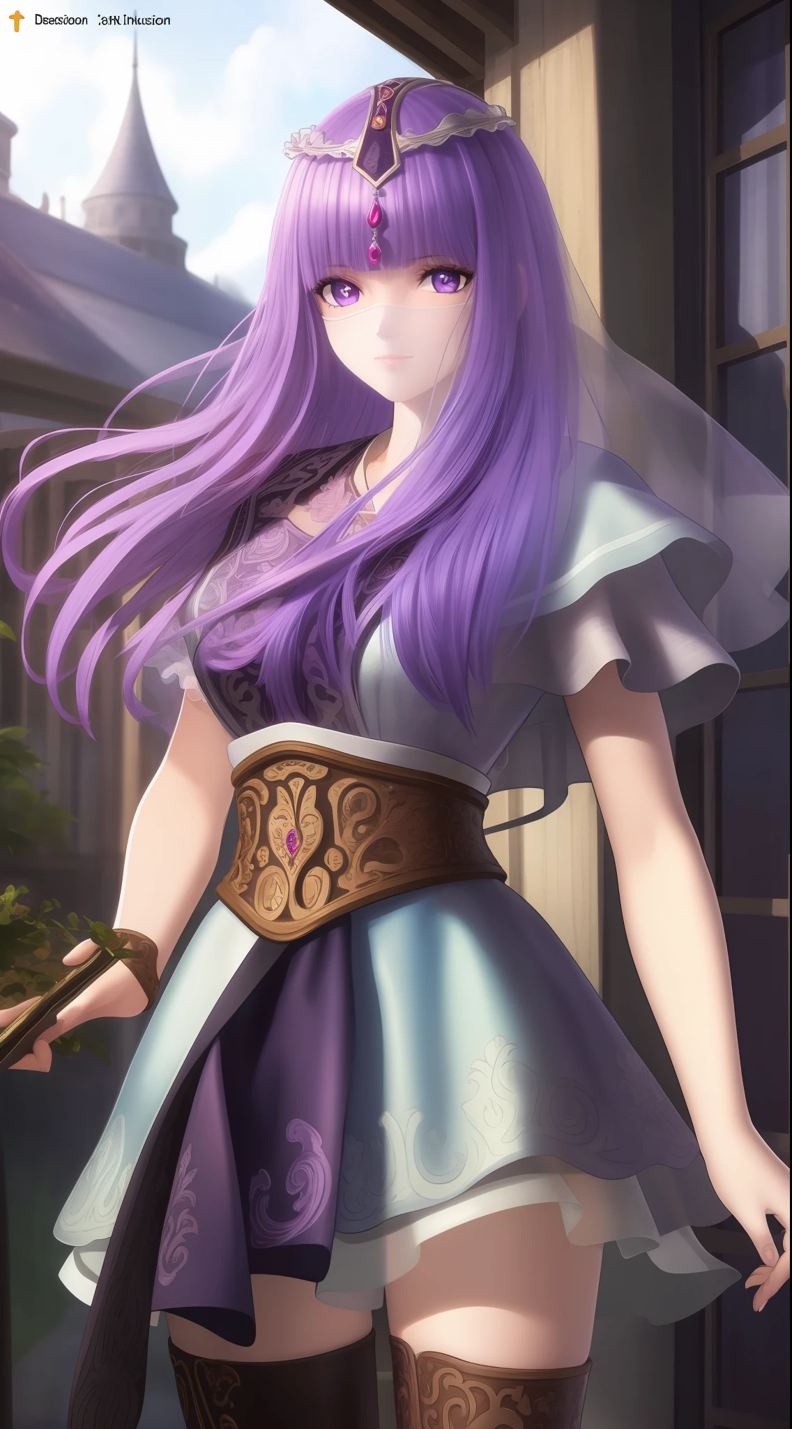 masterpiece, (best quality:1.4), (ultra highres:1.2),4K quality, (delicate illustration:1.4),(8k, RAW photo:1.2),1girl,veil, purple eyes,armor, dress, thighhighs, thigh boots,  cowboy shot,