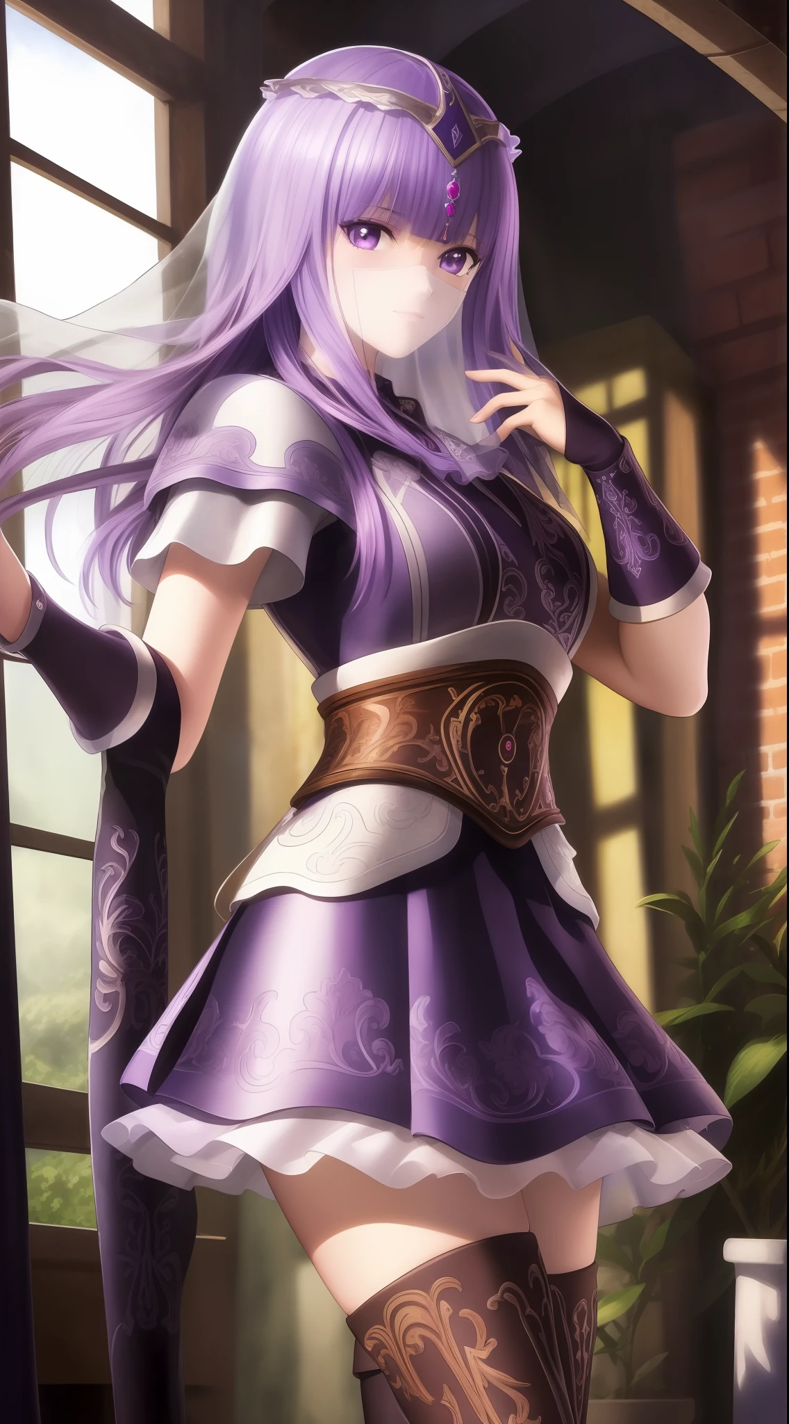 masterpiece, (best quality:1.4), (ultra highres:1.2),4K quality, (delicate illustration:1.4),(8k, RAW photo:1.2),1girl,veil, purple eyes,armor, dress, thighhighs, thigh boots,  cowboy shot,