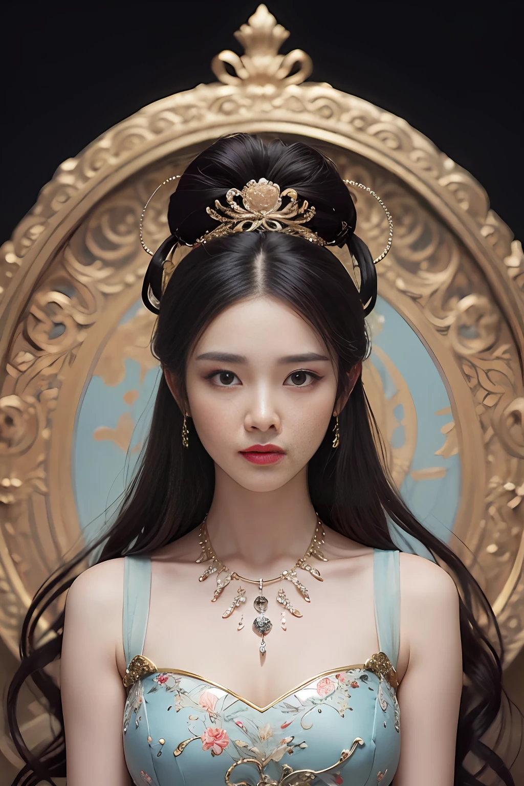 In the center of the screen,World-class master Ji Jian depicts a beautiful and moving oriental girl with his outstanding performance。The girl has long neat hair like a cloud,Delicate facial features,The demeanor is indifferent,Attention to detail and excellence,extremely lifelike。She wears the classic costume of flying sky in Dunhuang murals,Colorful outfits,The pattern is delicate and beautiful without losing its fluidity,Showcasing extraordinary design and craftsmanship。The whole portrait pops up on a black ink background,The soft light on the side delicately depicts the silhouette of the girl,Brings out rich layers of light and dark。
This piece is meticulously crafted,Extremely beautiful,The details are perfectly integrated with the whole,There is a spiritual show of oriental beauty,And contemporary,Let people feel the surging inspiration and the pursuit of eternal beauty,It's fascinating。Ji Jian used his outstanding skills to show this wonderful and moving oriental girl,Achieved world-class quality height。This work is one of the outstanding representatives of contemporary visual art。(World-class quality:1.05)