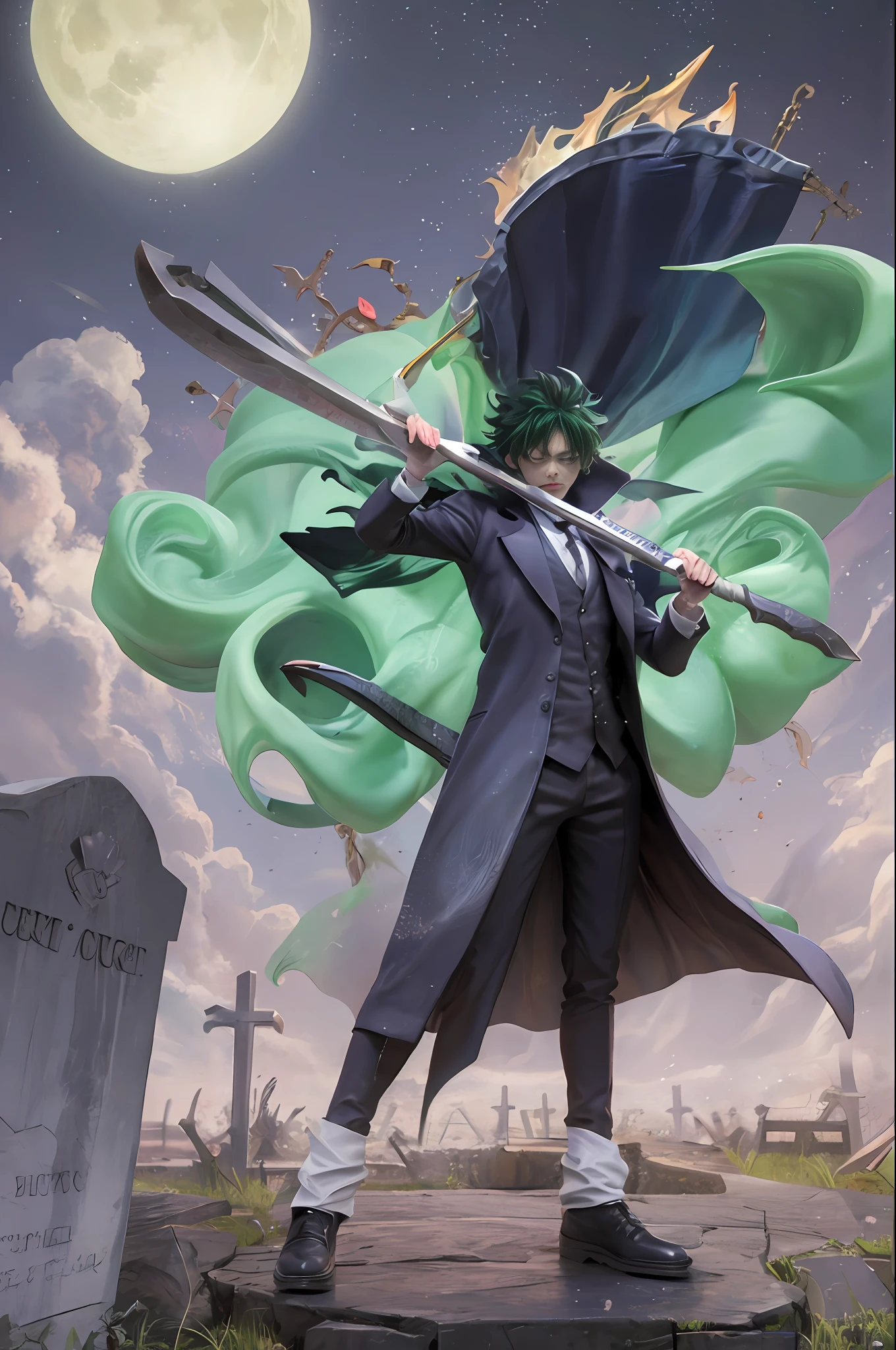 3d,Izuku Midoriya as the grim reaper wearing plague doctor's clothes wielding a scythe on a cementary under the crimson moonlight