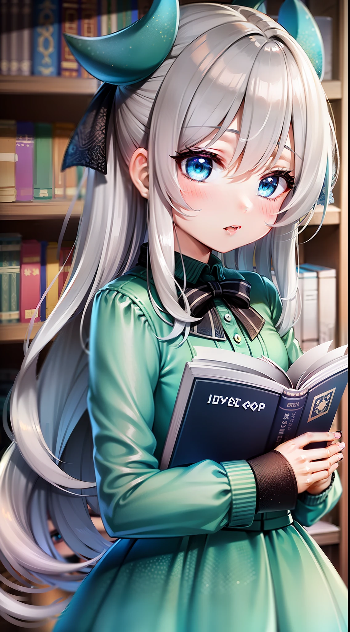 , Long silver hair, Cyan eyes, blue dress, хмурая, book, Masterpiece, high qulity