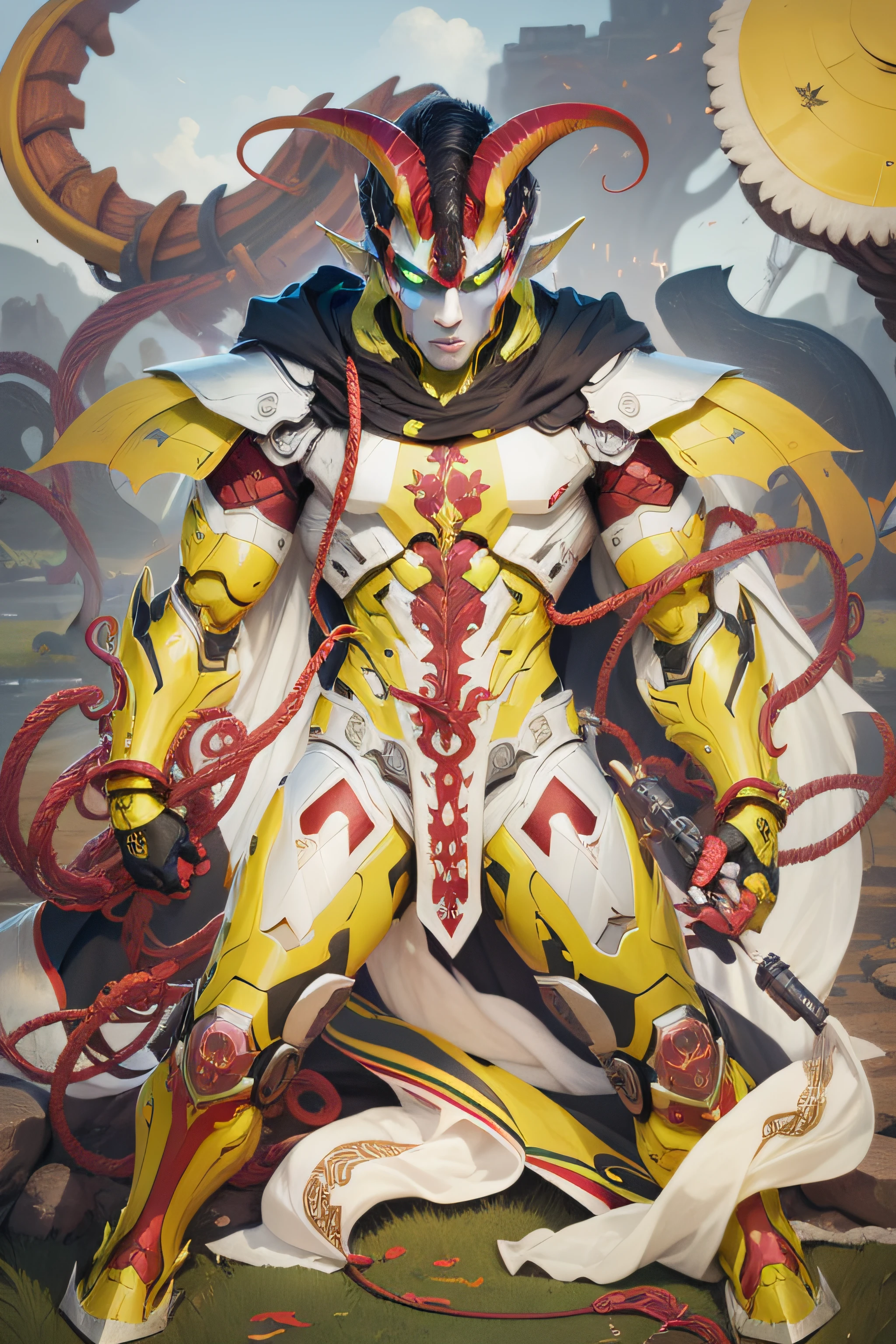 A drawing of a male and demonic android with horns, tentacles and two capes, hiper detalhado, 4K resolution --auto