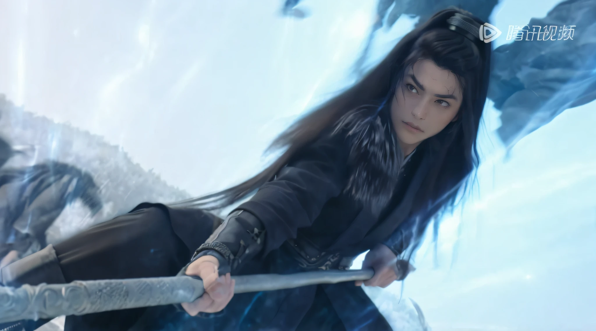 Men, red-robed man with gun, fairy hero, martial arts, long black hair, close-up, three-dimensional facial features, masterpiece, perfect light and shadow,