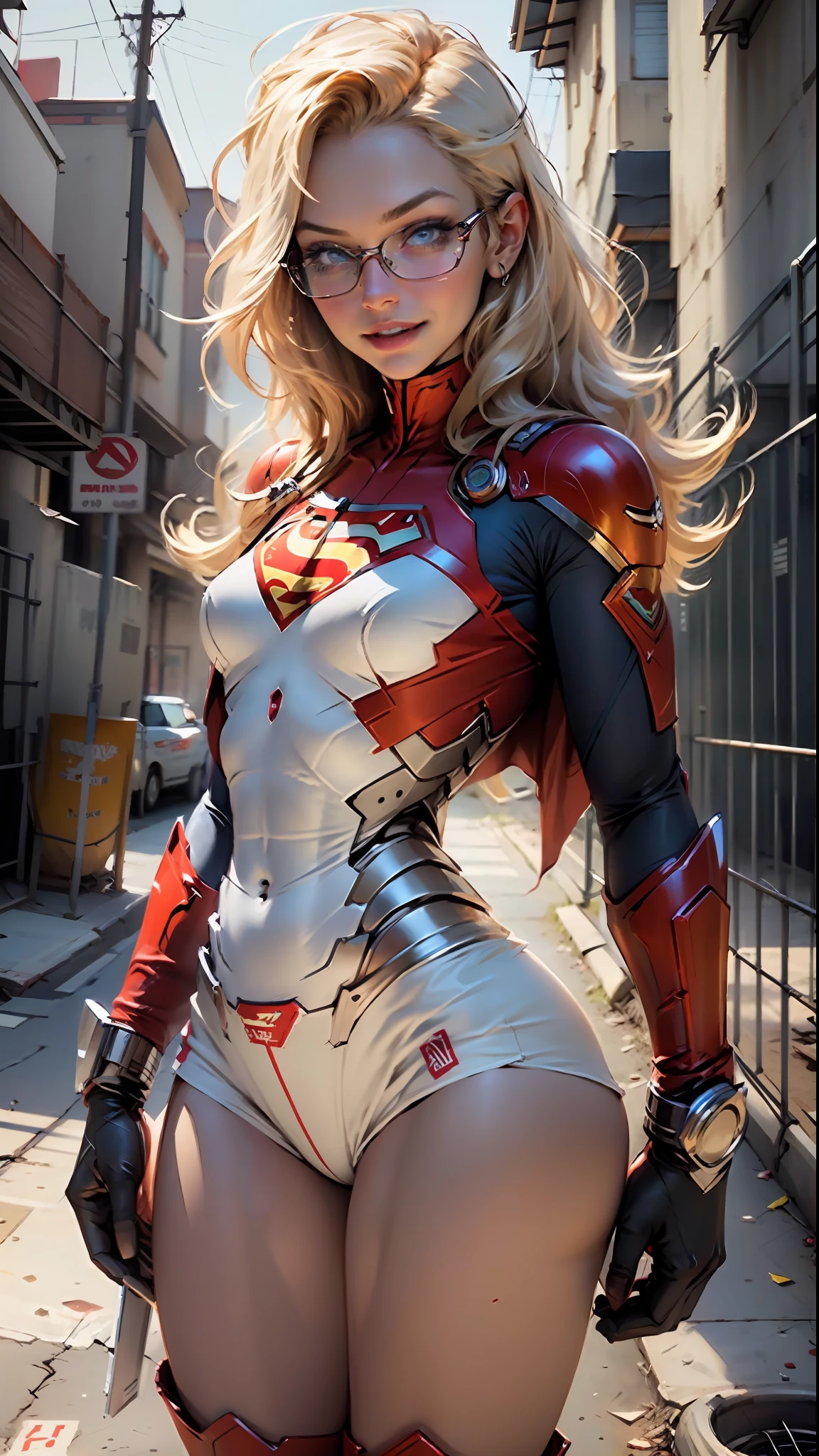 Supergirl body set thick thighs cybernetic body parts, short underwear, blonde with blue eyes, superman S symbol on the chest, detailed face, gorgeous, gorgeous and sexy smile, glasses, holding a gun.