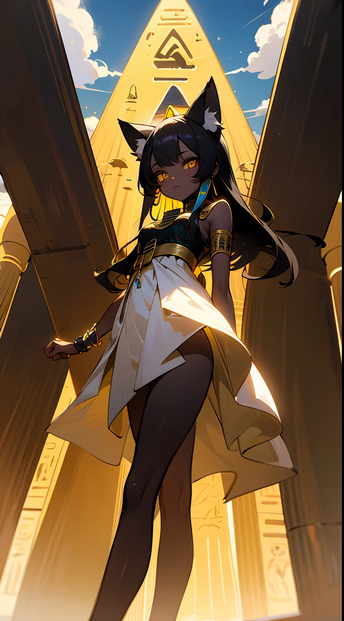 （Egyptian girl）（black har）（Yellow eyes）（Cat ears）（cat tails）（Black skin）（Egyptian-inspired clothing）Stand in the pyramid，There is an eagle flying behind