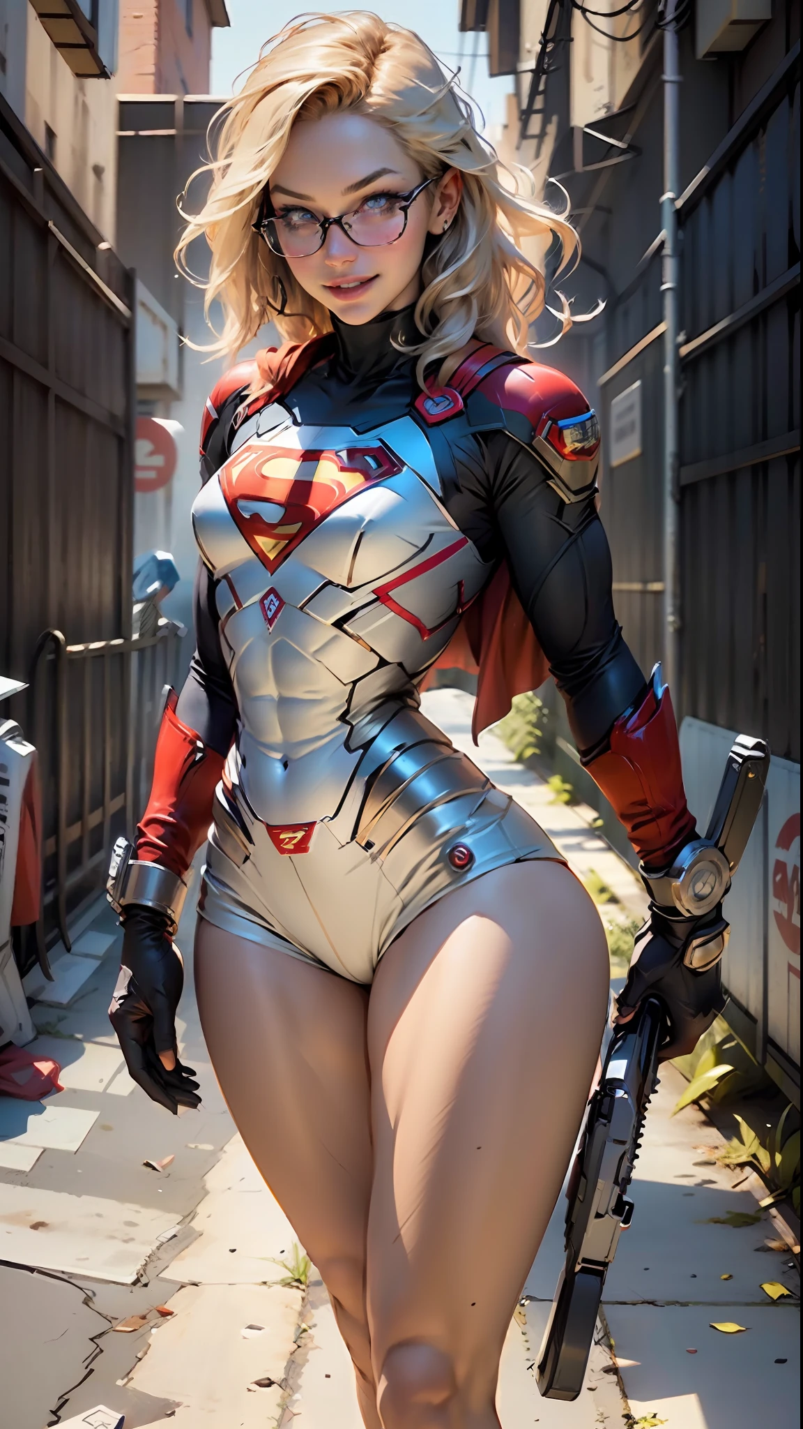 Supergirl body set thick thighs cybernetic body parts, short underwear, blonde with blue eyes, superman S symbol on the chest, detailed face, gorgeous, gorgeous and sexy smile, glasses, holding a gun.