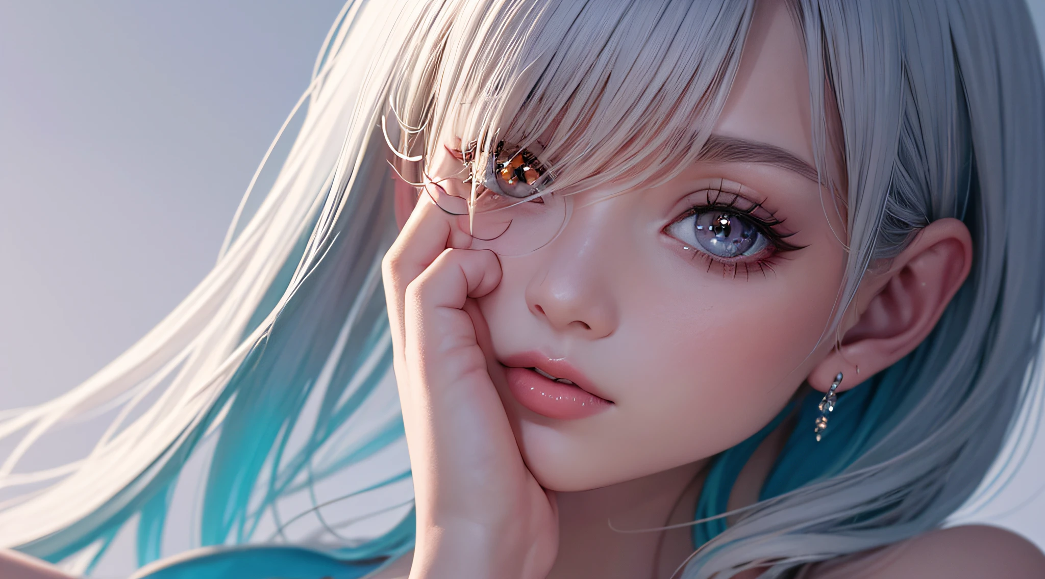 The perfect masterpiece, the highest quality, perfect art, 8K, upper body lens, front portrait, delicate face, close-up face, watching the audience, Mermaid girl, magical transparent eyes, white hair, red background, Digital art, flat illustrations, colorful illustration, minimalist style, cartoon style, --auto