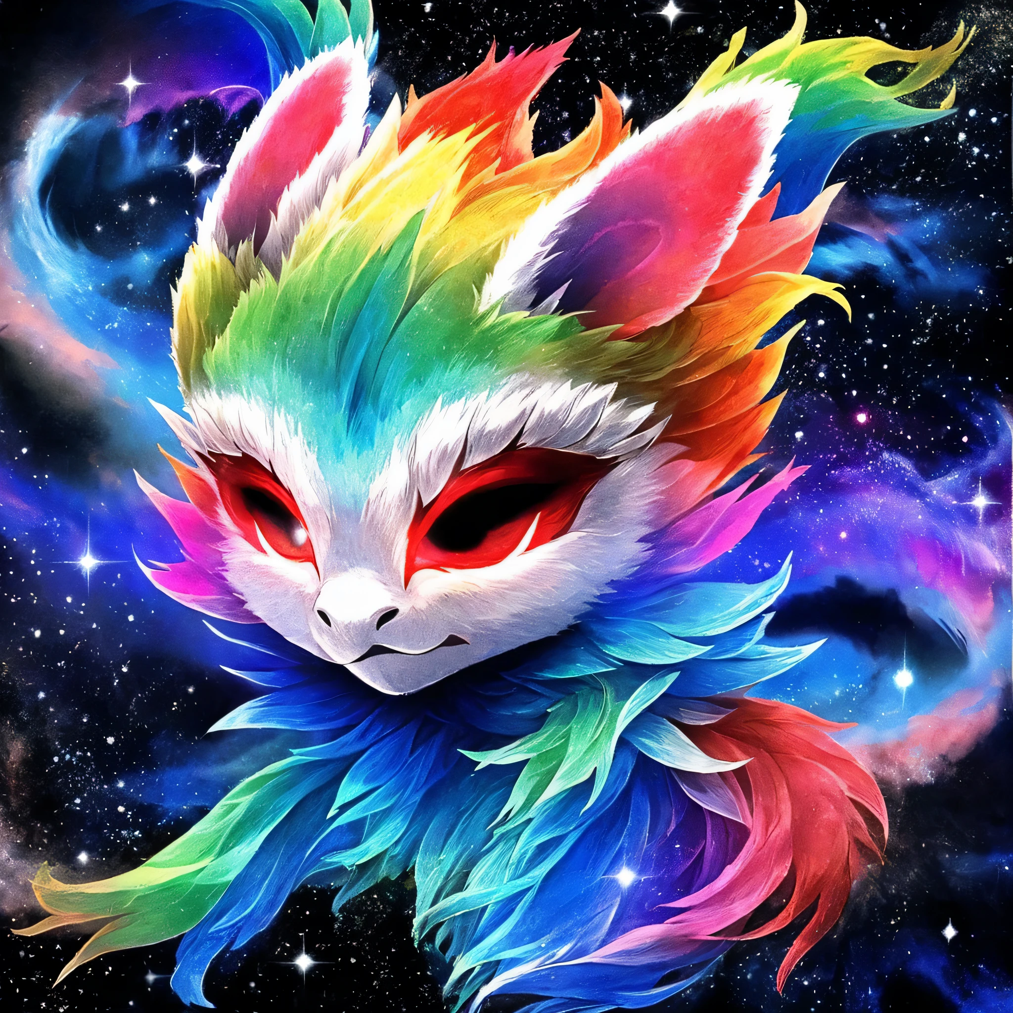 Fluffy cute ball that is a nebula, glowing white eyes, rainbow fluff, mist and stardust, masterpiece, best quality, ((In Paper cut craft style))