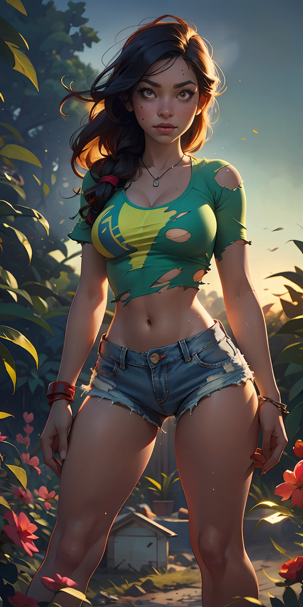 The Urban Ruins of the Wasteland, Female huntress picking fruit in the garden, torn shirt and denim shorts , sweating through, sun rising, Nice warm colors, The best volumetric lighting, Hyper Contrast, Ultra Hyper High Quality Textures
