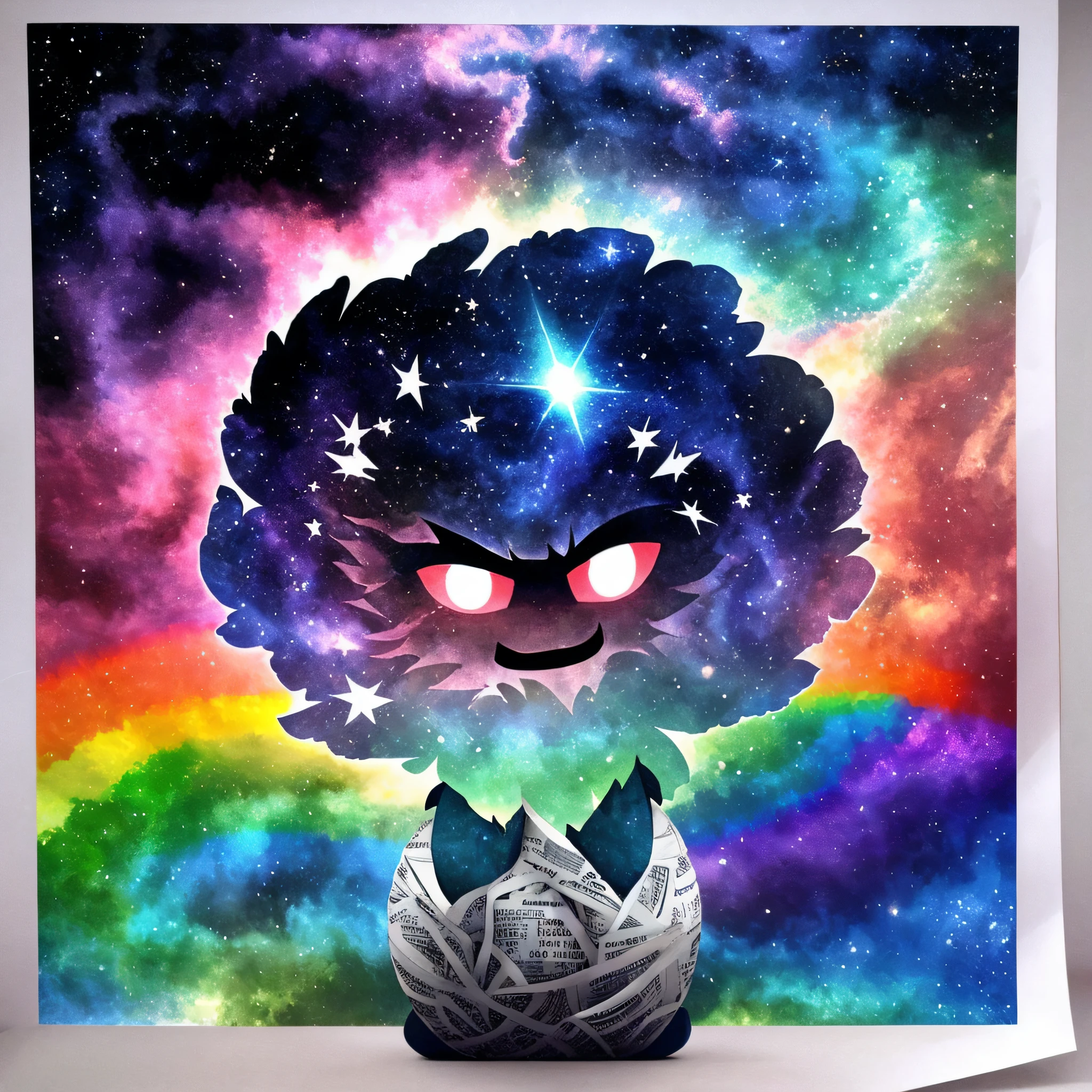 Fluffy cute ball that is a nebula, glowing white eyes, rainbow fluff, mist and stardust, masterpiece, best quality, ((In Paper cut craft style))