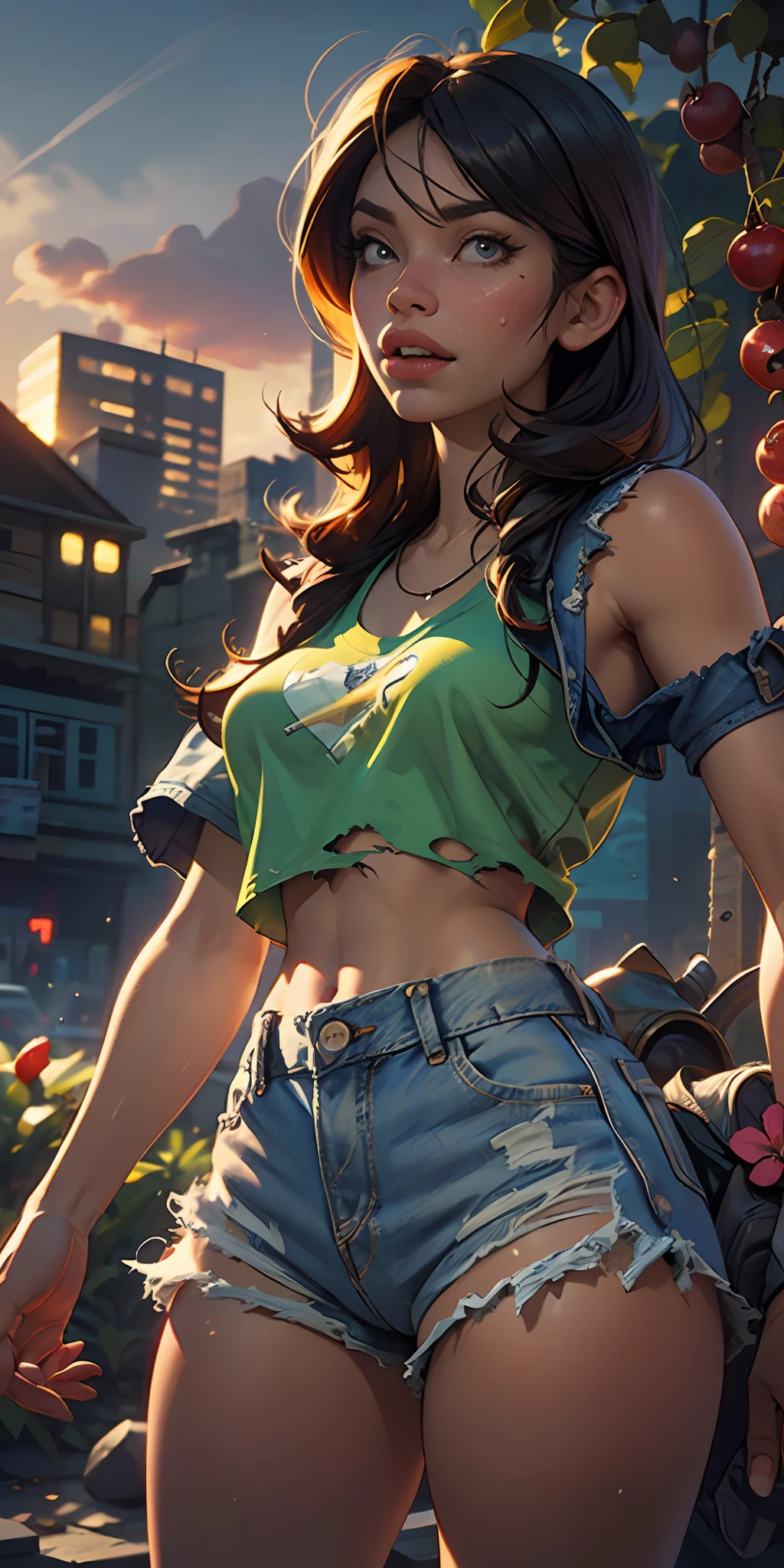 The Urban Ruins of the Wasteland, Female huntress picking fruit in the garden, torn shirt and denim shorts , sweating through, sun rising, Nice warm colors, The best volumetric lighting, Hyper Contrast, Ultra Hyper High Quality Textures