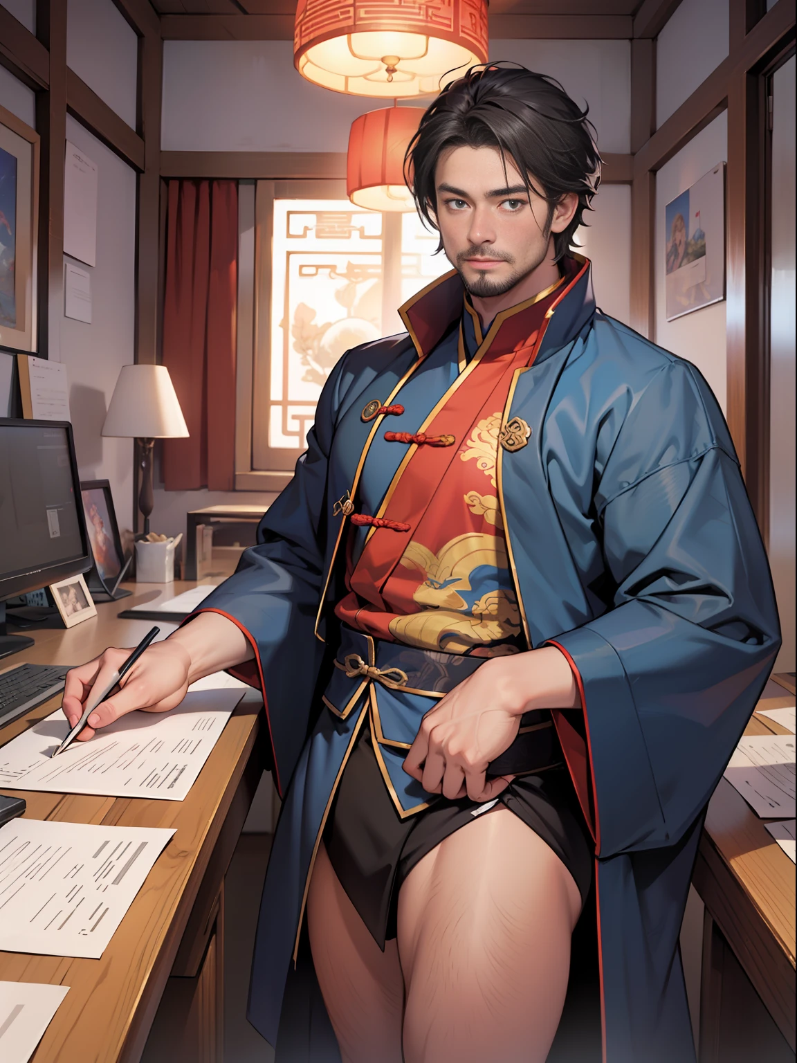(best quality, masterpiece), (super detailed color, surreal), 35 years old Chinese male astrologer Dr. Luo Fei, zodiac totem second house, Taurus, Star Palace Observatory, professor of Chinese history and philosophy, male bright blue Chromatic cloak, big bump, stubble, short hair, hairy thighs, HDR, theatrical lighting, art station trends, CG news trends, pro photography.