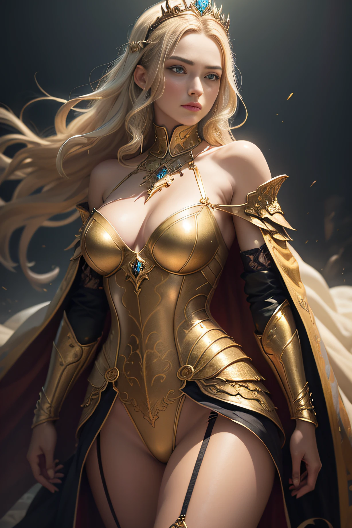 Blonde haired woman with braids, (medieval punk green neckline armor). Bright chrome gold lingerie with sharp reflections. Gems. Bare shoulders. (tiara). Low muscle definition. Beautiful legs. Bare shoulders visible. Detailed lighting. Artwork. Extreme beauty. Clothing with intense colored gradient effect. Professional image with high saturation. Professional camera. Illustration. Vibrant colors. vibrant yellow eyes, thin, fur cape, bright golden eyes, symmetry, intense look, black details on clothes, golden aura