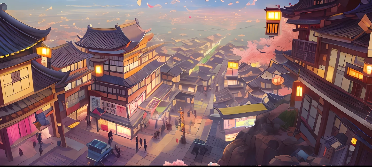 anime - style city with a flying kite and cherry blossoms, dreamy Chinese towns, colorful kitsune city, japanese town, Anime landscape concept art, ross tran. scenic background, traditional japanese concept art, japanese city, anime style cityscape, rossdraws global illumination, Onmyoji detailed art, a beautiful artwork illustration, Beautiful rendering of the Tang Dynasty --auto