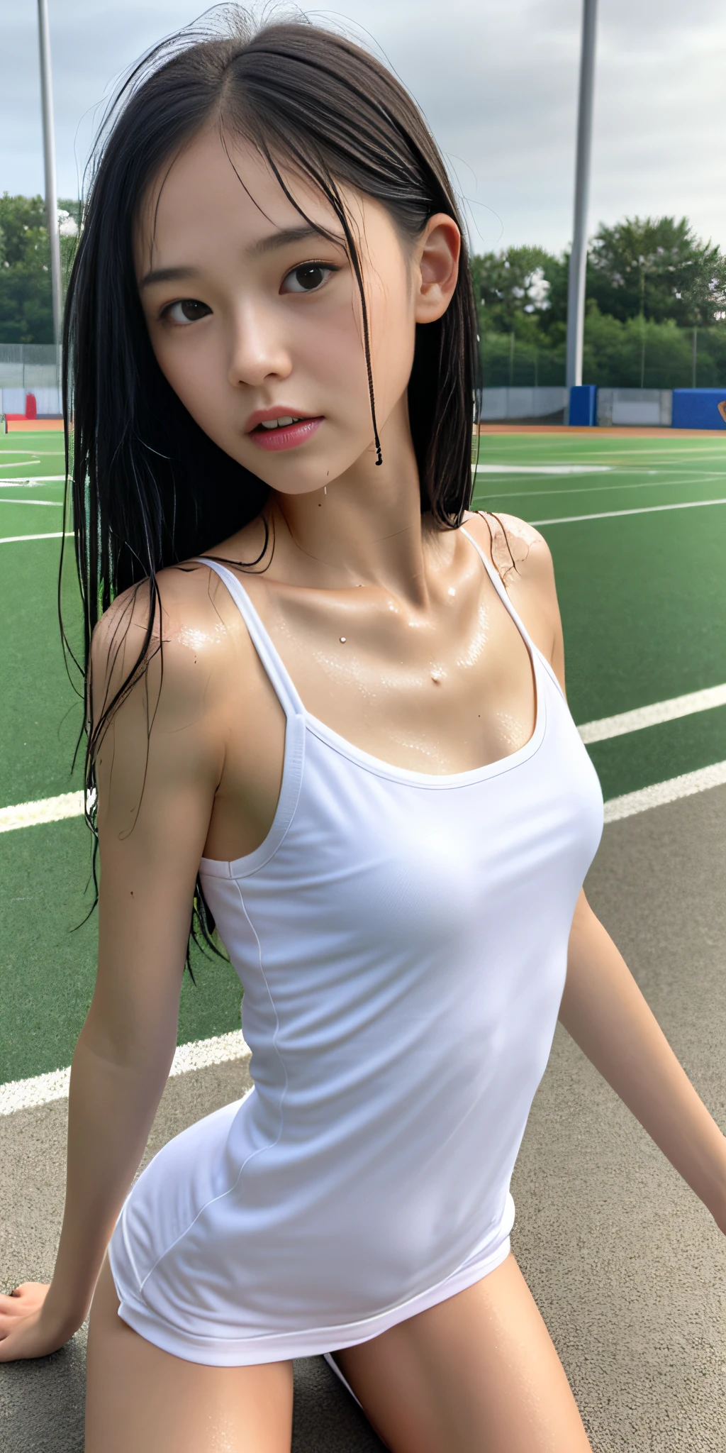neat college girl, petite person, outside the athletic field, (slim, small, flat, small), photorealistic, detail, skin texture, ultra detail, delicate sexy collarbone, super detailed face, detailed lips, detailed eyes, double eyelids, troubled face, troubled expression, wet sheer, wet sheer long white camisole, white panties, drenched, WET BODY, drenched from the head, kneeling,