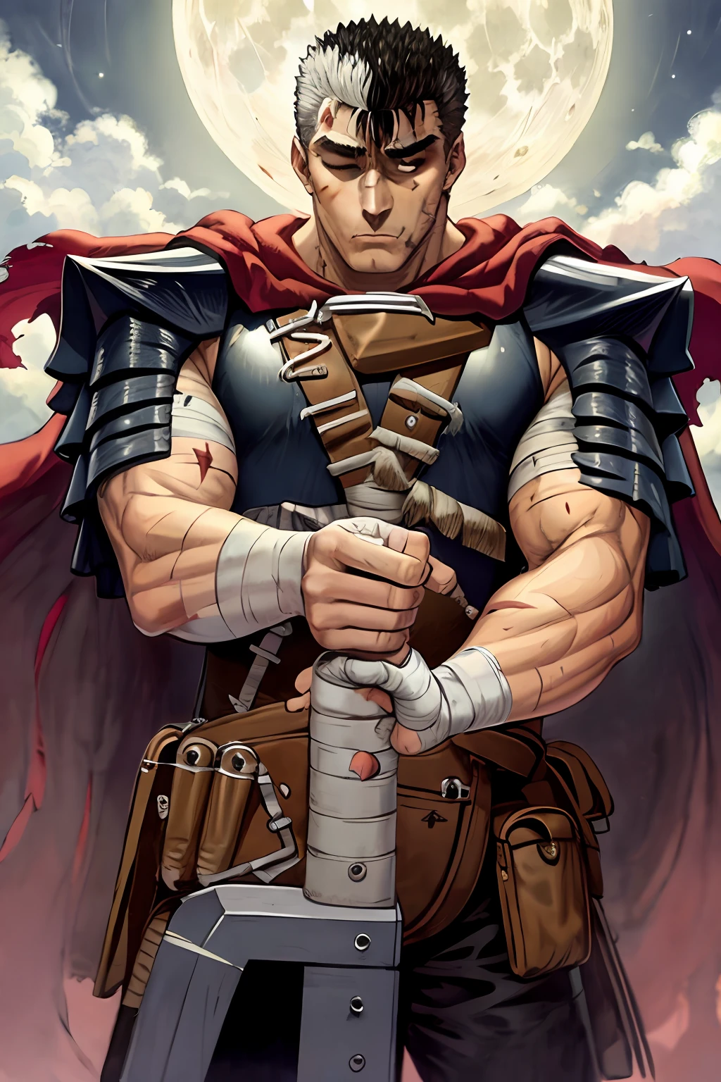 masterpiece, best quality, highly detailed, guts \(berserk\), 1boy, armor, bandages, black hair, cape, full moon, huge weapon, male focus, manly, moon, multicolored hair, one eye closed, scar, solo, sword, weapon, white hair