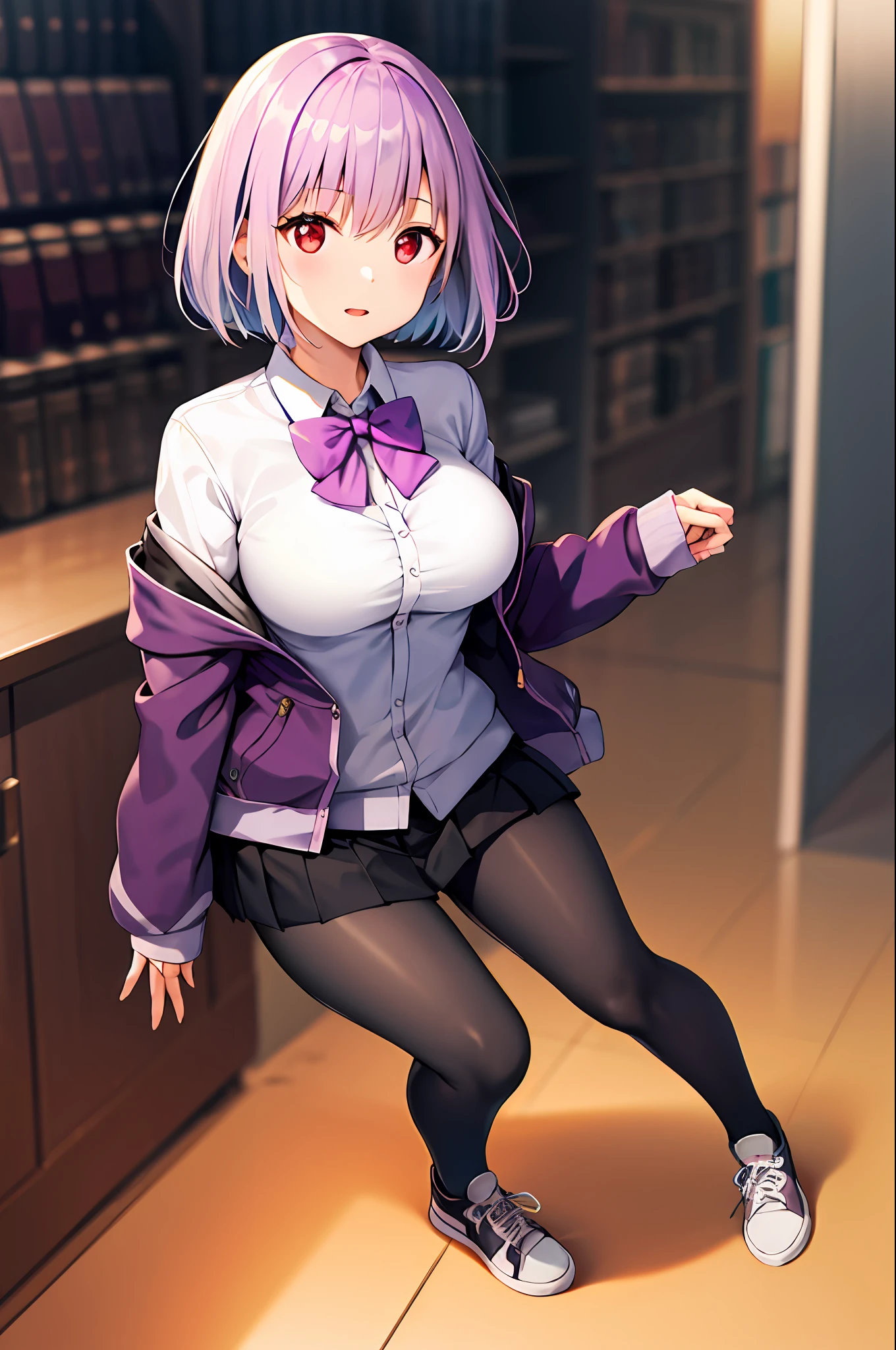 masterpiece, best quality, highres, 1girl, shinjou akane, pantyhose, shirt, bow, skirt, purple jacket, jacket, white shirt, shoes, long sleeves, short hair, black skirt, collared shirt, black pantyhose, open clothes, bowtie, purple bow, breasts, bangs, red eyes, pleated skirt, off shoulder, open jacket, sleeves past wrists, light purple hair, purple bowtie, sneakers, miniskirt,