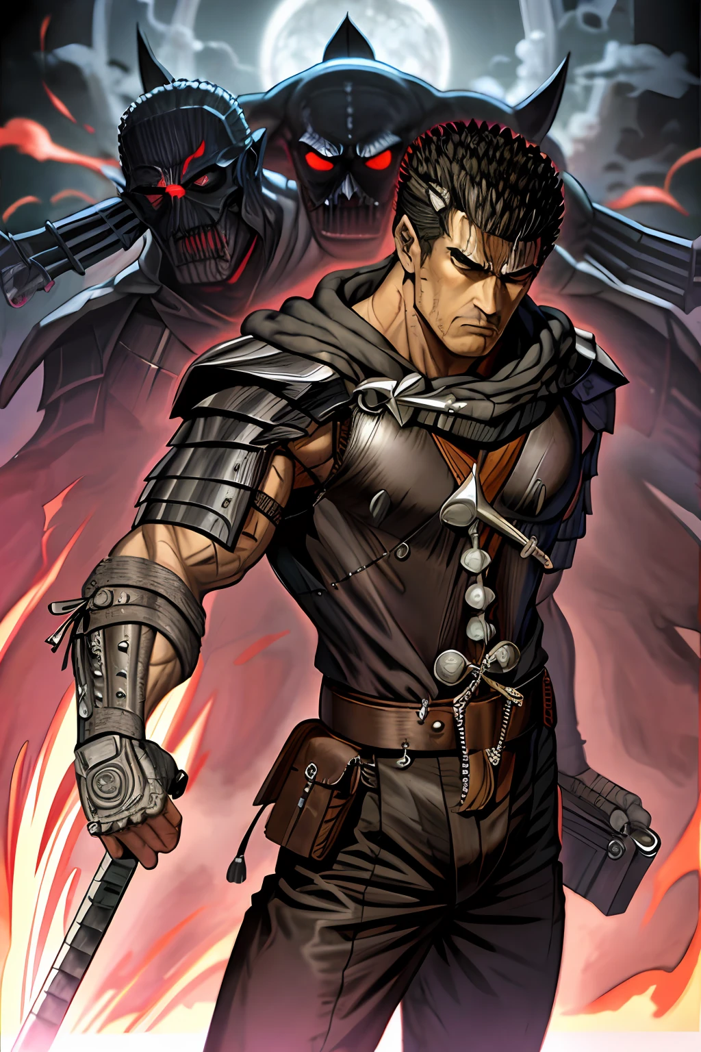 masterpiece, best quality, highly detailed, guts \(berserk\), 1boy, armor, bandages, black hair, cape, full moon, huge weapon, male focus, manly, moon, multicolored hair, one eye closed, scar, solo, sword, weapon, white hair