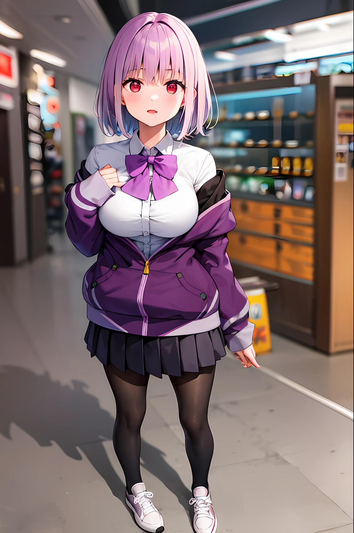 masterpiece, best quality, highres, 1girl, shinjou akane, pantyhose, shirt, bow, skirt, purple jacket, jacket, white shirt, shoes, long sleeves, short hair, black skirt, collared shirt, black pantyhose, open clothes, bowtie, purple bow, breasts, bangs, red eyes, pleated skirt, off shoulder, open jacket, sleeves past wrists, light purple hair, purple bowtie, sneakers, miniskirt,