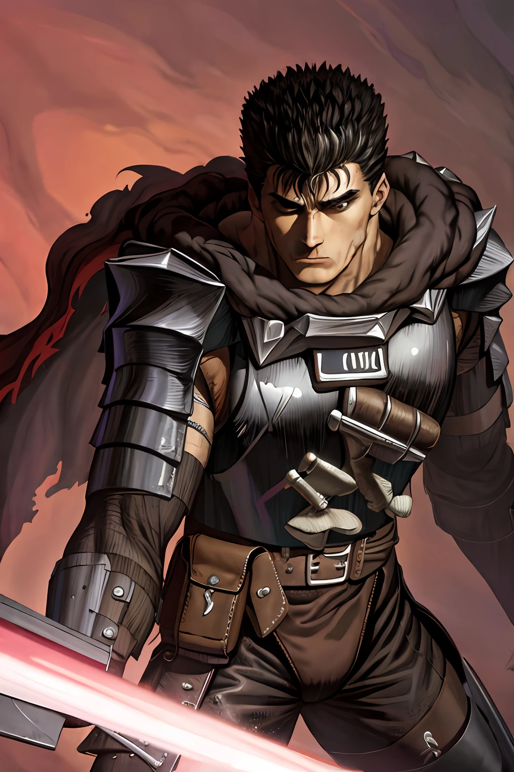 masterpiece, best quality, highly detailed, guts \(berserk\), 1boy, armor, bandages, black hair, cape, full moon, huge weapon, male focus, manly, moon, multicolored hair, one eye closed, scar, solo, sword, weapon, white hair