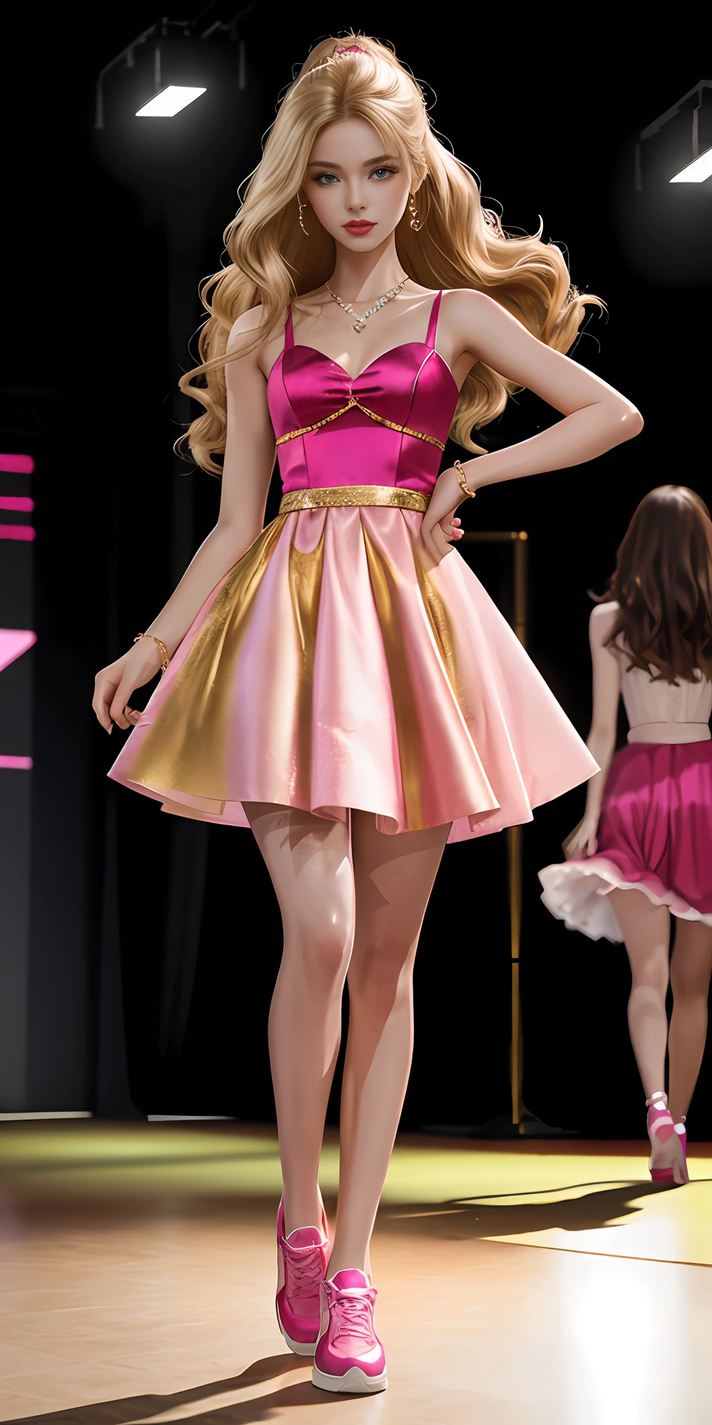 1girls, Barbie，Delicate and beautiful face,long golden hair，Various hairstyles，Full, symmetrical chest，Convex buttocks，Pink clothing，pink shoes，All kinds of jewelry，perfectly proportioned, Detailed clothing details,Catwalk，Catwalk，stage，lamplight，Night，bars，Dance hall，Cinematic lighting, filmgrain, Fujicolor, light and darkcontrast, 8K, 巨作, Textured skin, Super detail, high detailes, High quality, high resolucion,