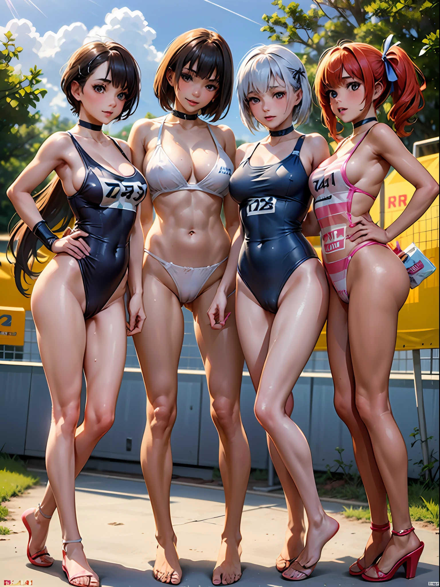 NSFW, (4+girls:1.5), (alternate athlete swimsuit pool), tanned skin, dark tanned skin, oil, abs:1.5, line up, girls playing beach volley, beach volley ball, net, masterpiece, top quality, ultra high definition, highest resolution, very detailed, professional lighting, clean skin, CG illustration, slender, very cute, young face, cleavage, lower breast, wet body, (breasts out:1.4), different hair colors, short hair, pixie haircut, semi-long hair, hair ribbon, blush, navel, from below, wet body, (breasts out: 1.4), (plastic bag 1.2), transparent swimsuit, beach, (wind: 1.3), girls playing behind, showing ass, black necklace choker
