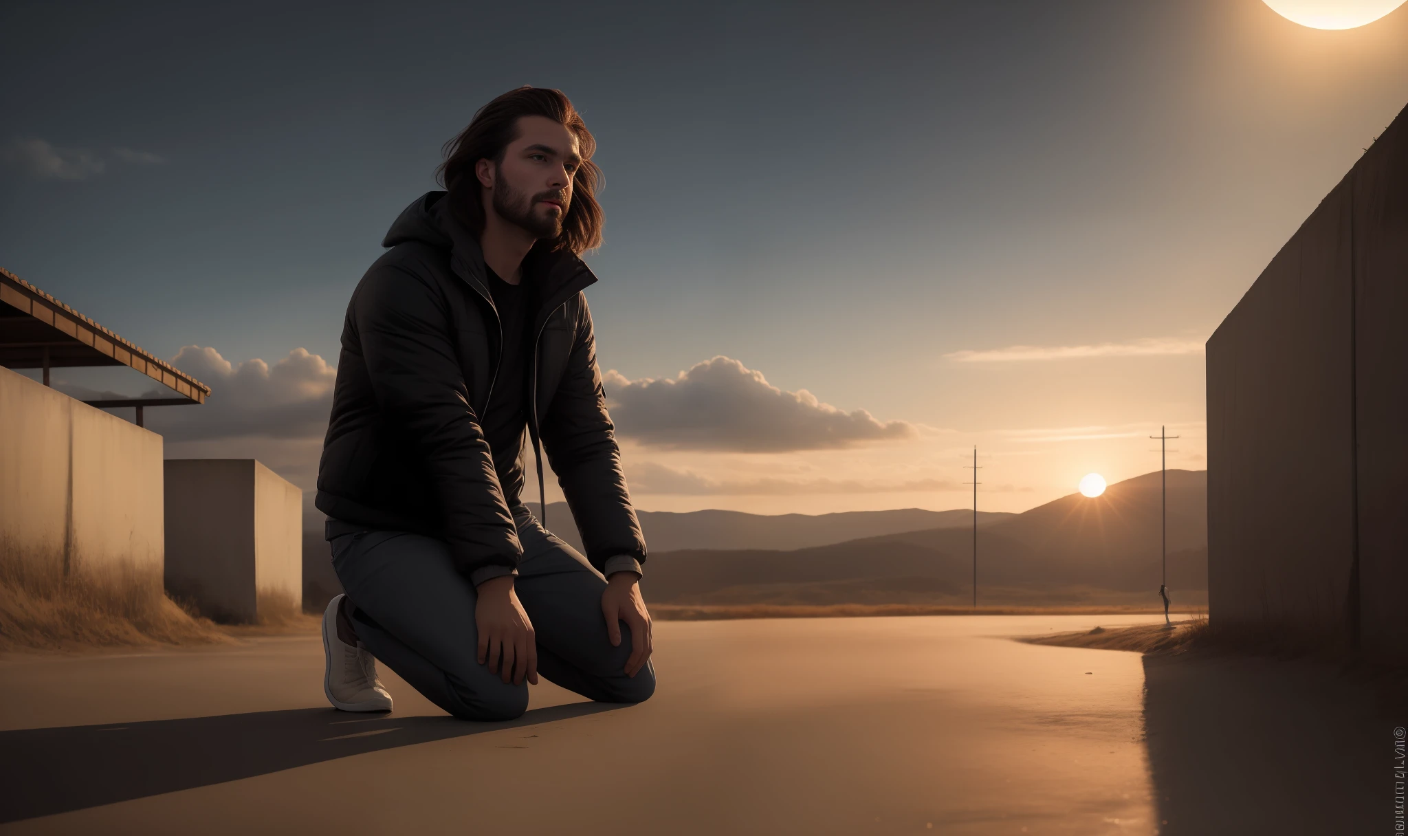 cabelos pretos, man standing, com roupa velha, on his face with an air of hope,Clima triste, e no fundo um por do sol, surrealismo, Realistic , 8k, super detalhe