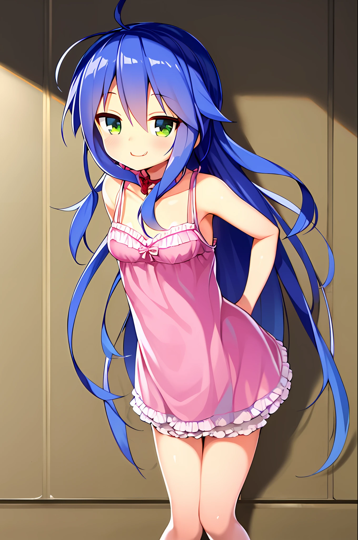 (leaning over:1.4), (masterpiece:1.2, best quality), (real picture, intricate details), 1girl, solo, absurdres, cowboy shot, standing, outdoors, :3, smile, ((light pink dress)), frills, very detailed dress, white thighhighs, long hair,  eyes, long hair, ((red strawberry choker)), smile, open mouth, one fang, tinh breasts, cleavage, sleeveless dress, arms behind back,