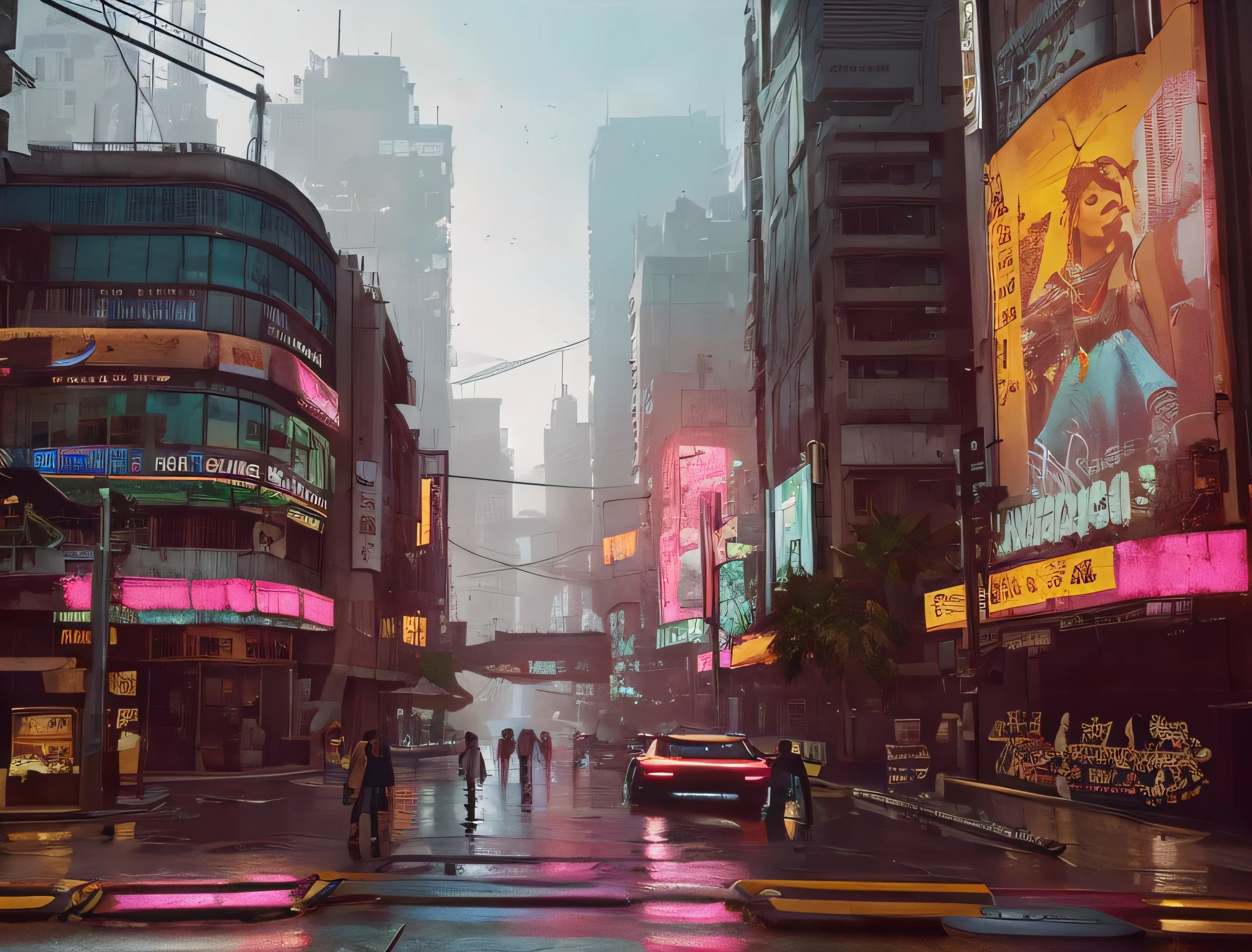 (dark theme:0.9),  city street, cyberpunk 2077 (hdr:1.22), muted colors, complex background, hyperrealism, hyperdetailed, amandine van ray