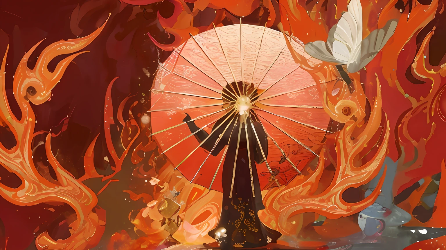 there is a woman holding a red umbrella in a room, inspired by Gyoshū Hayami, inspired by Mati Klarwein, inspired by Kanō Tan'yū, the butterfly goddess of fire, inspired by Kanō Hōgai, inspired by Itō Jakuchū, inspired by Shūbun Tenshō