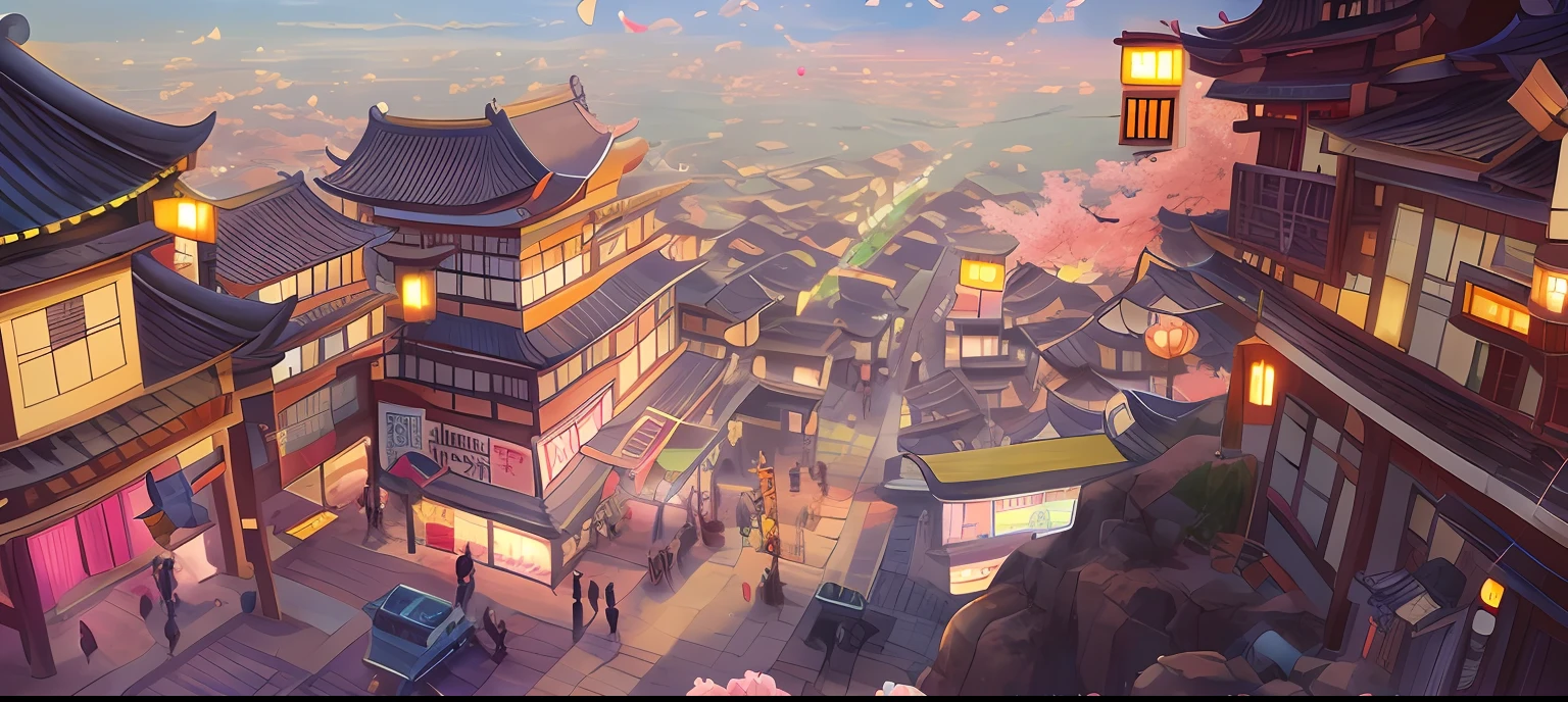 anime - style city with a flying kite and cherry blossoms, dreamy Chinese towns, colorful kitsune city, japanese town, Anime landscape concept art, ross tran. scenic background, traditional japanese concept art, japanese city, anime style cityscape, rossdraws global illumination, Onmyoji detailed art, a beautiful artwork illustration, Beautiful rendering of the Tang Dynasty --auto