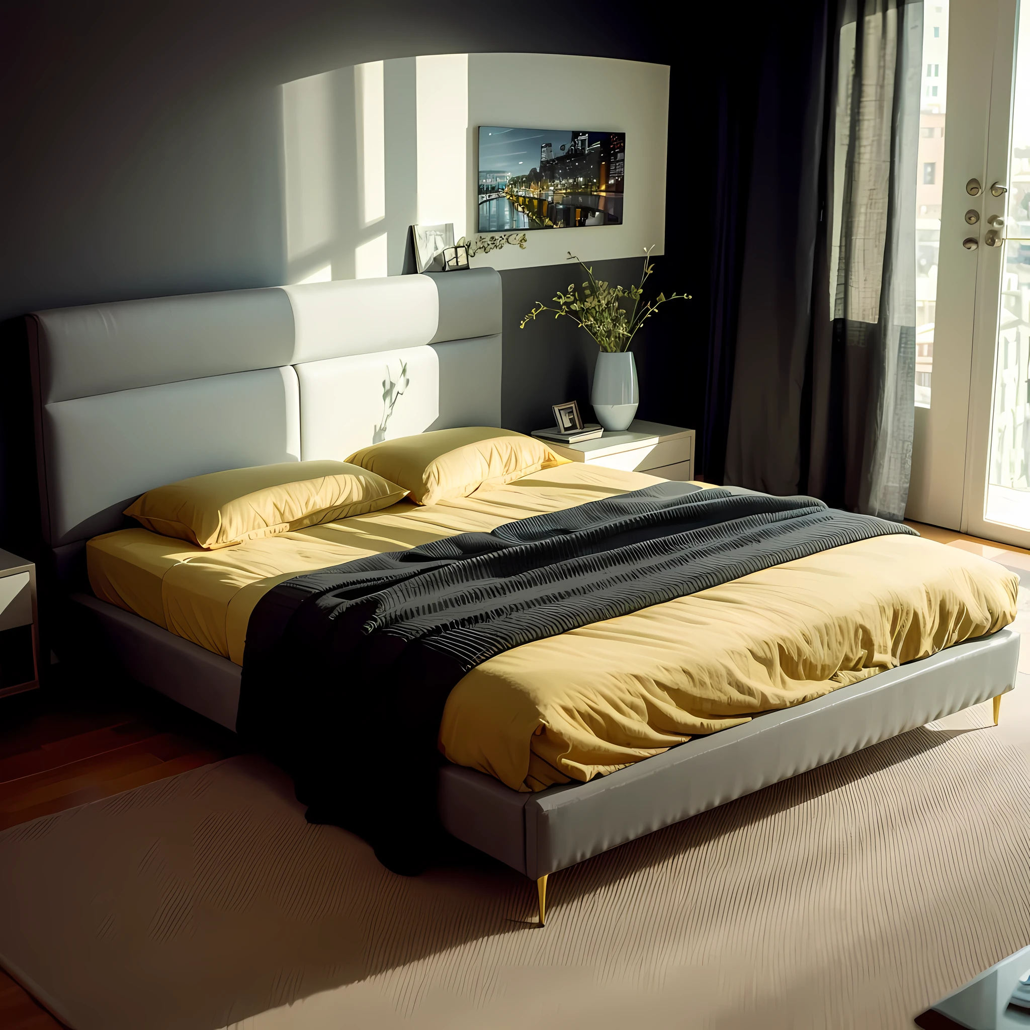 Bed with a headboard, painting on the floor behind bed, large comfy bed, comfy pillows, un-made bed, bedroom with carpet, wall painted with gray and gold details behind bed, luxury furniture, vanara, designer furniture, high quality textures, detailed and intricate photography, architectural photography, sunset afternoon, cinematic lights