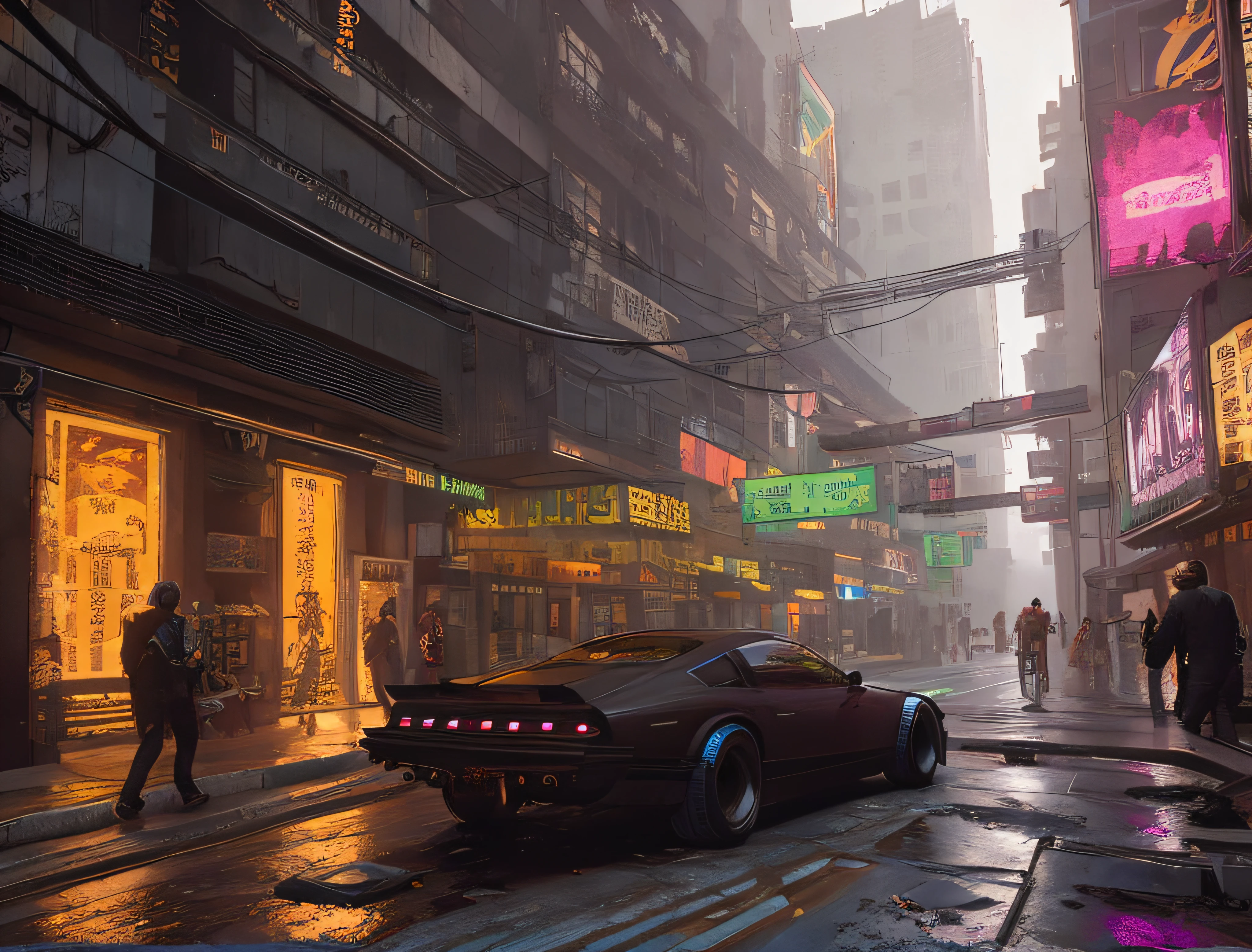 (dark theme:0.9), city street, cyberpunk 2077 (hdr:1.22), muted colors, complex background, hyperrealism, hyperdetailed, amandine van ray