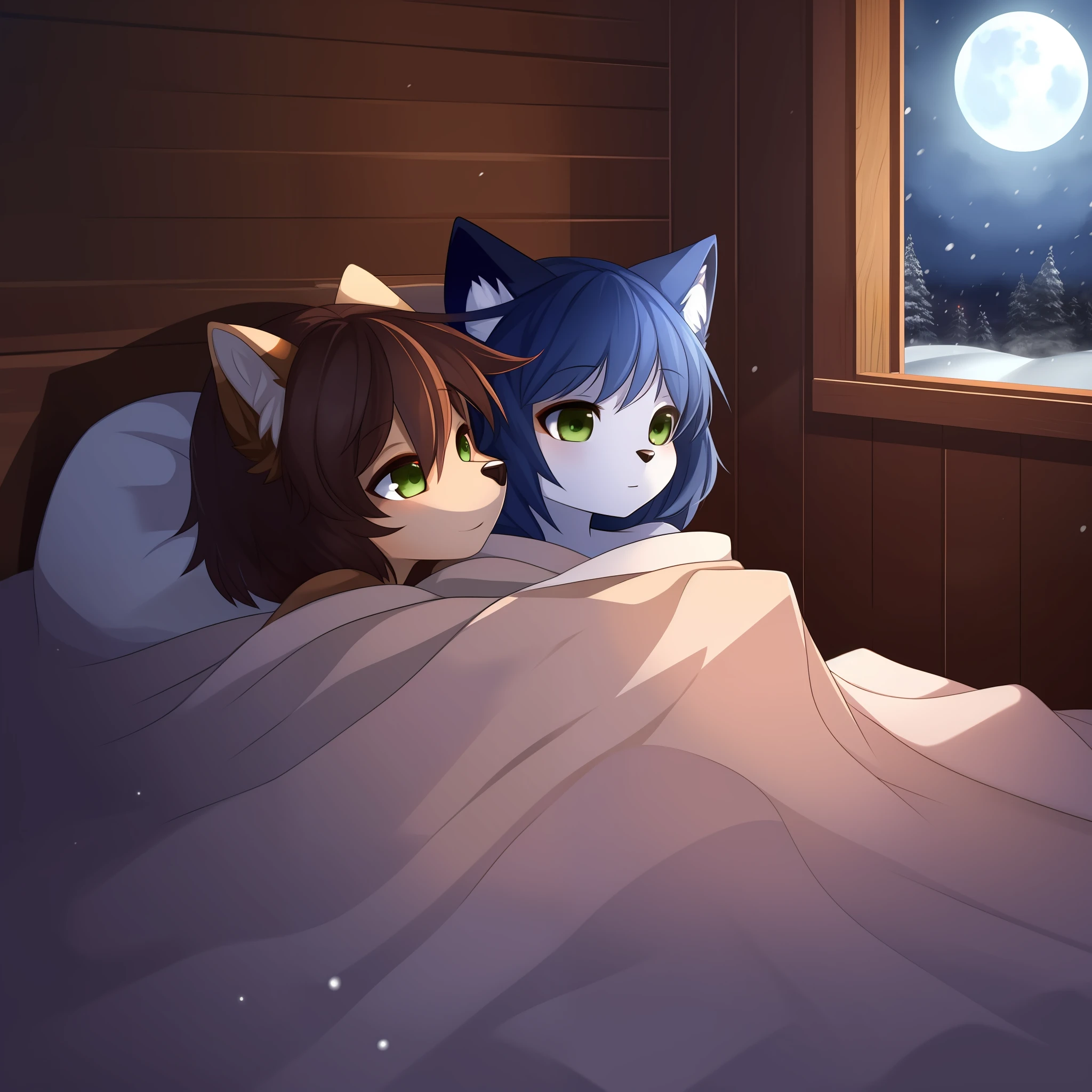 Two girls snuggling in bed, wood walls, cabin, night, dramatic lighting, blue hair, brown hair, canine, feline, tan fur, white fur, green eyes, brown eyes, duo, under covers, window, moon, snowing