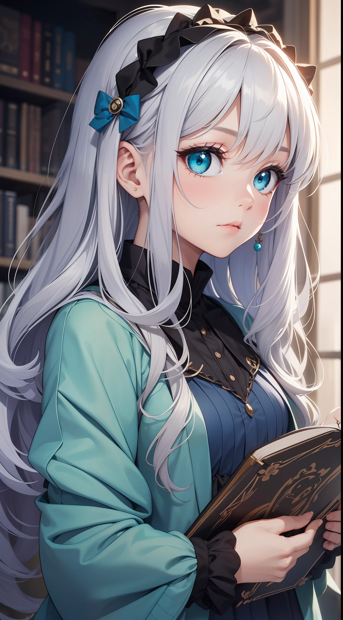 small girl, Long silver hair, Cyan eyes, blue dress, хмурая, book, Masterpiece, high qulity