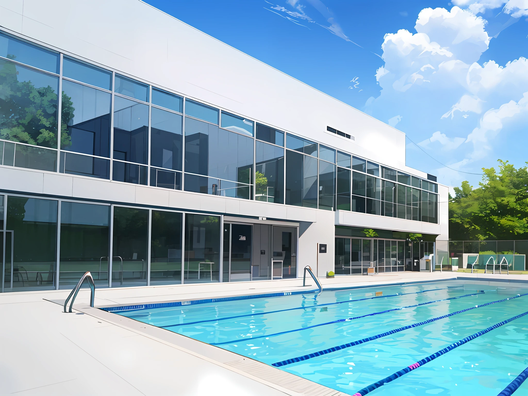 The exterior of a swimming pool full of technology,The exterior walls are made of glass,The sky is clean