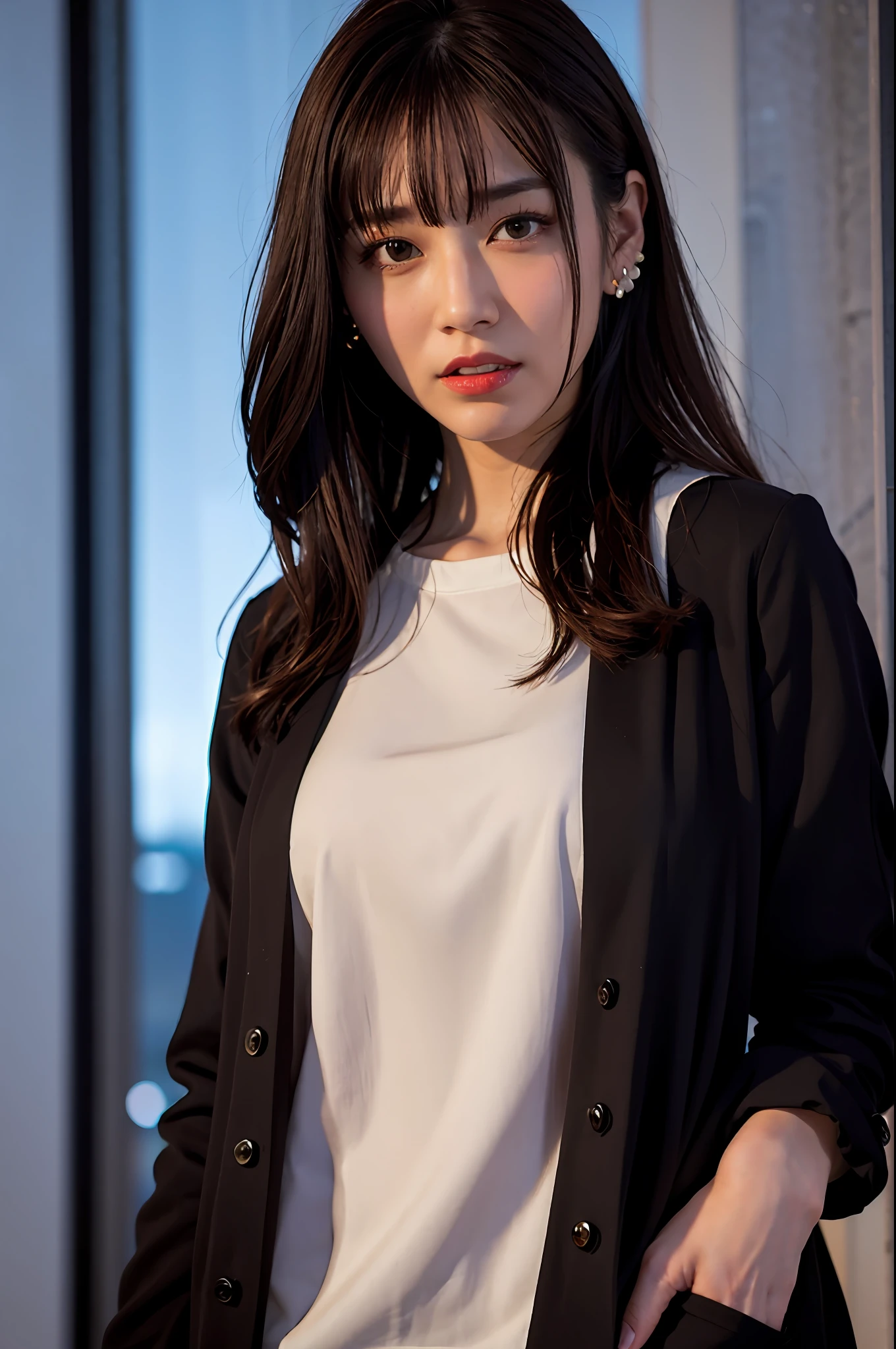 Nikon RAW photo,8 k,Fujifilm XT3,masterpiece, best quality, realistic, photorealistic,ultra detailed,1girl,solo,
close up portrait,
diamond stud earrings, long straight black hair, hazel eyes, serious expression, black blazer ,white shirt, white blouse, standing against a city skyline at night ,
