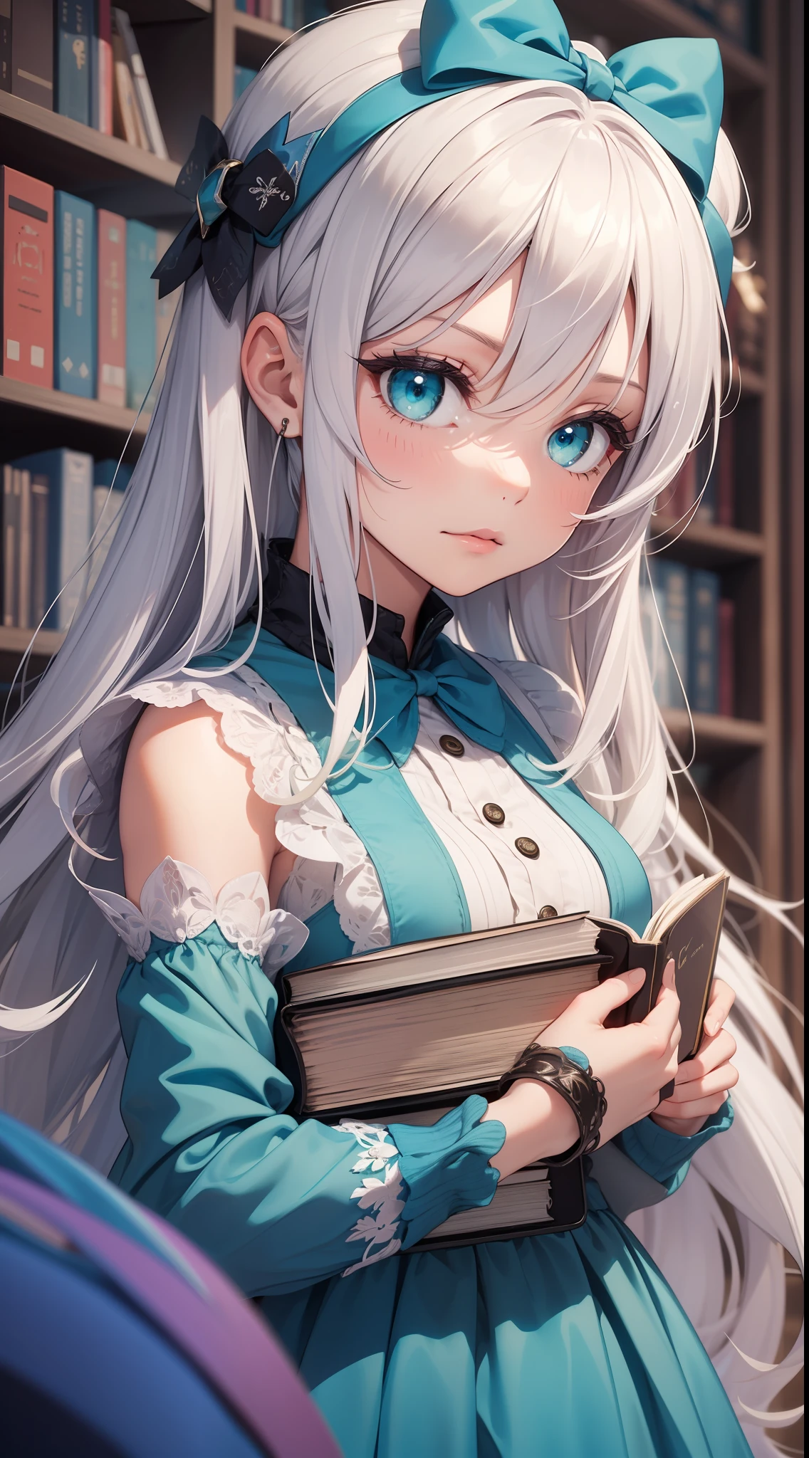small girl, Long silver hair, Cyan eyes, blue dress, хмурая, book, Masterpiece, high qulity