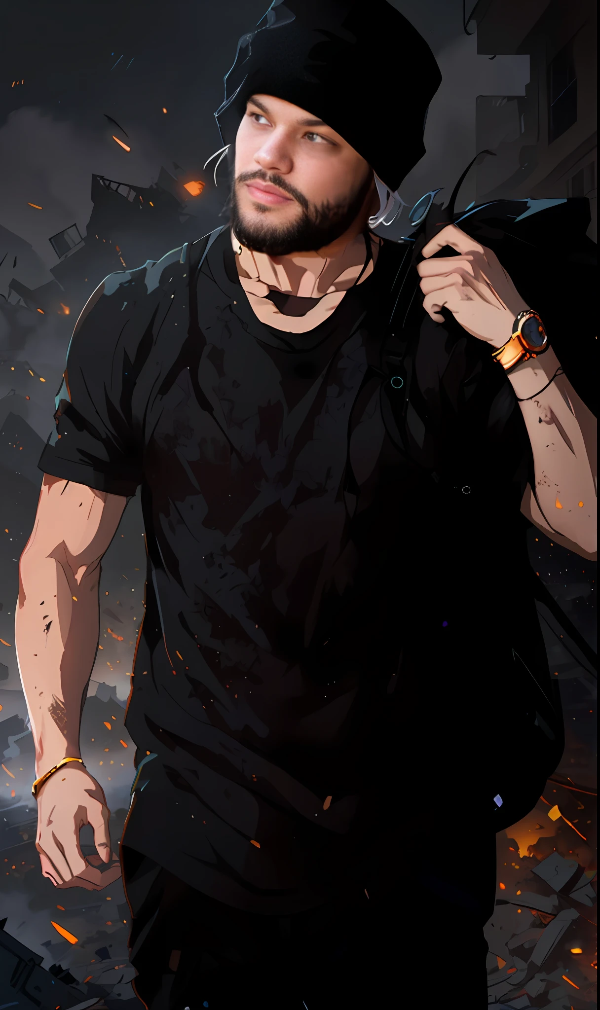 Anime humanoid monster, character design,wearing a futuristic mouth mask, serious face,boy,maniac,deranged look,messy unkept hair,hair covering right eye, vibrant eye color,red and blue eyes,(white hair), close up shot, creating a crack in reality, powerful aura, destroyed city, very dark,night,8k,64k, HD, unparalleled masterpiece, dynamic lighting, cinematic, epic Highest quality digital art, Stunning art, wallpaper 4k