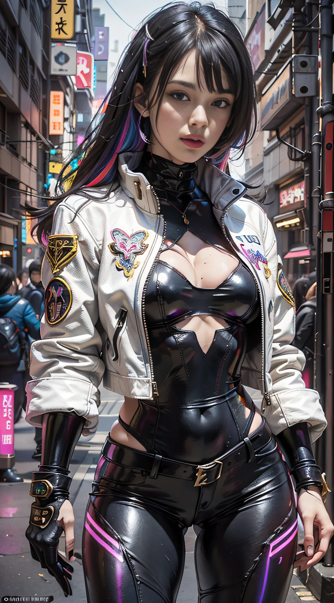 Surreal close-up,portrait photograph,On the crowded streets of Japan,cyperpunk,perverted woman,perfectbody,Wearing a white leather jacket and armor,Tassel cut and bangs rainbow hairstyle,Full Body Portraits,view from front,Rich in detail,detailed designs,glowing colorful circuitry,colorful neon trim,cinmatic lighting,edgelighting,f / 2.8,H.R.Giger,Art by Gregrutovsky