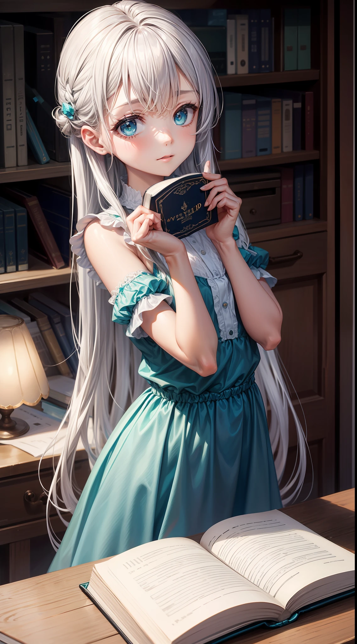 small girl, Long silver hair, Cyan eyes, blue dress, хмурая, book, Masterpiece, high qulity