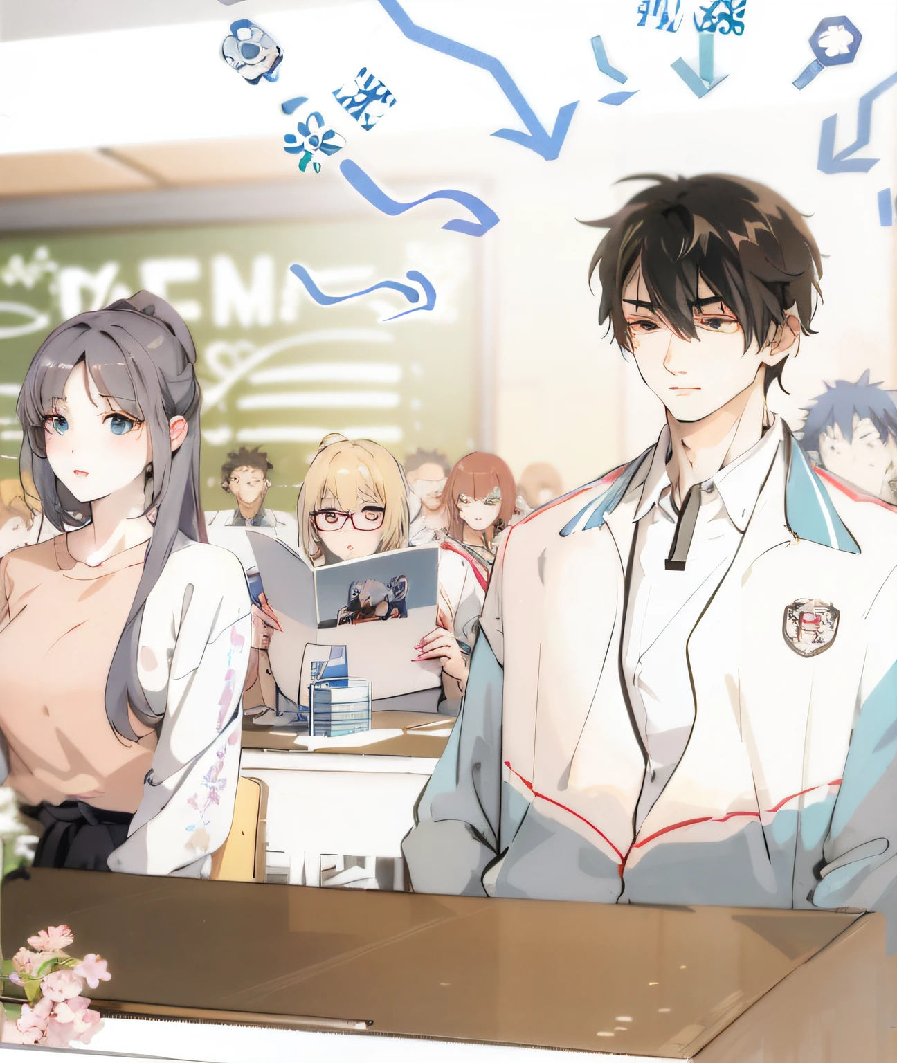 Anime image of a man and woman in a classroom, Perfect facial features,highschool background, Classroom Background, typical anime classroom, Classe escolar, In anime style, In a classroom