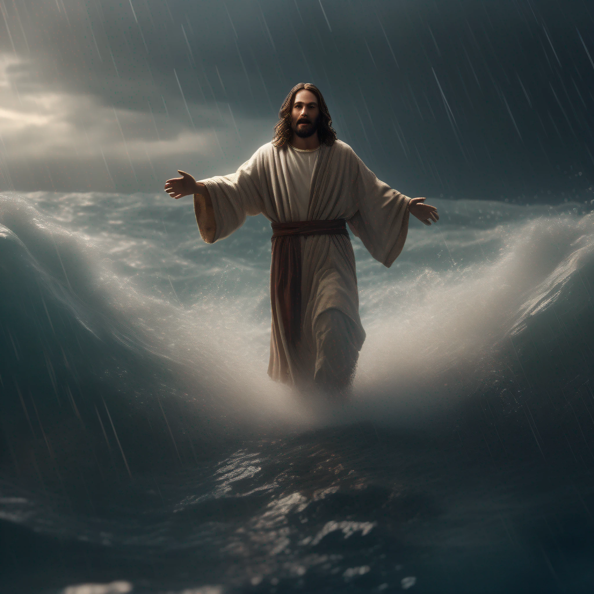 Ultra realistic photo,cinematic scene,jesus walking on water in the middle of a storm, masterpiece, best quality, high quality, 8k extremely detailed CG unit wallpaper, award-winning photography, Bokeh, Depth of Field, HDR, bloom, chromatic aberration, photorealistic, extremely detailed, trend in artstation, trend in CGsociety, intricate, high detail, dramatic, art in the middle of the journey,  Volumetric lighting