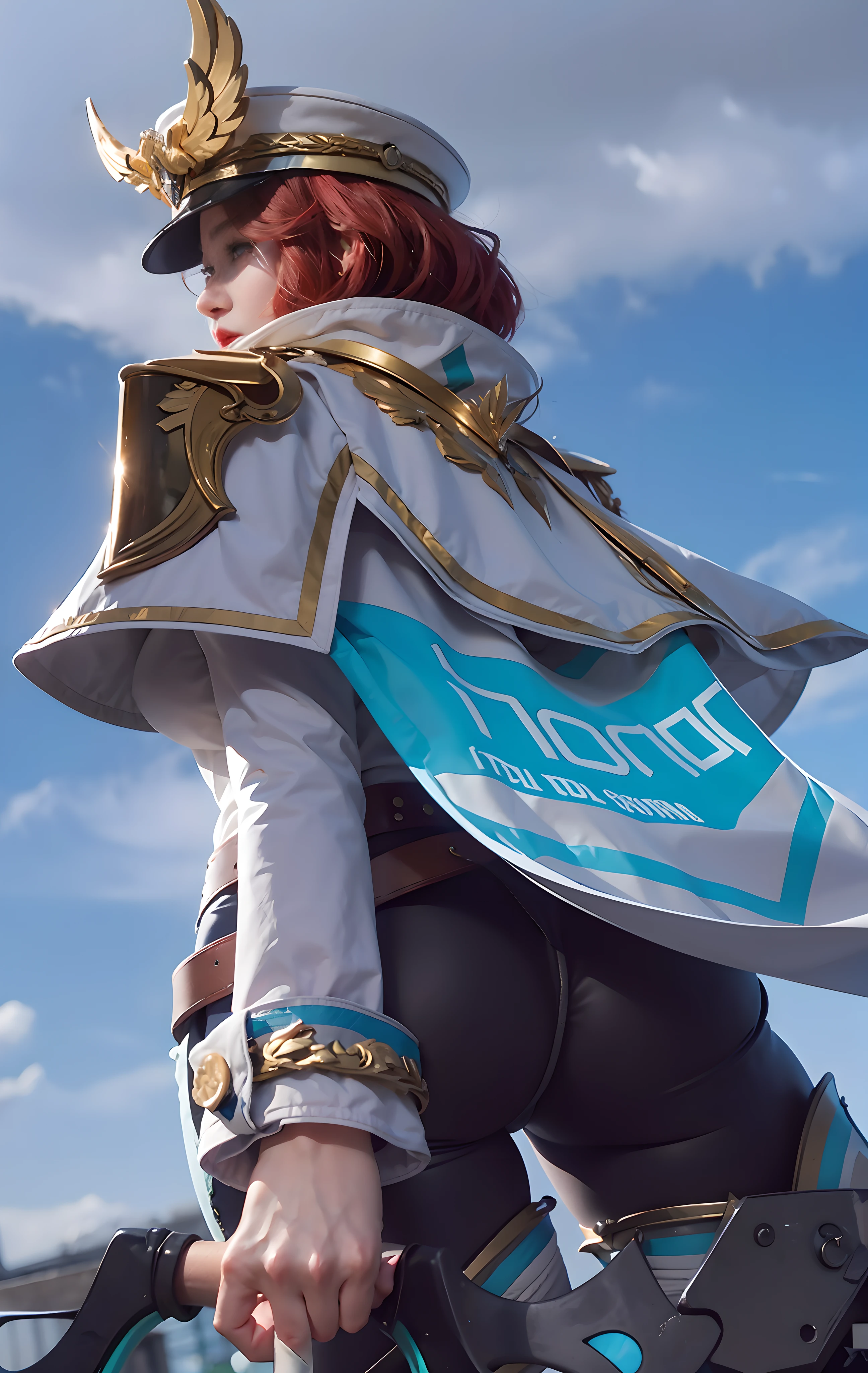 (female:1.2), 8k, ultra hd, ultra detailed texture, hyper realistic, masterpiece, detailed texture, detailed face, detailed skin, detailed lighting, (photorealistic:1.5), best quality, beautiful lighting, cinematic lighting, professional lighting, ultra highres, realistic, detailed hair, real hair, high quality, (realskin:1.5), extremely detailed, finely detail, ultra-detailed, 1girl, standing, solo, (blue eyes:1.2), red lips, closed mouth, make up, eyeliner, nose, pretty, beautiful, cute face, wonderland, eye shadow, V-shapped eyebrows, short hair, curly hair, (red hair), hair over one eye, military hat, hat feather, white headwear, white cape, shoulder armor, long sleeves, white uniform, military, military uniform, epaulettes, black pants, large breasts, thighhighs, ass, belt, blurry background, miya \(mobile legends\), looking aways, looking to the side, outdoors, cloudy sky, day, holding bow \(weapon\), futuristic bow \(weapon\), robotic bow \(weapon\), from behind, looking back, looking to the side, back