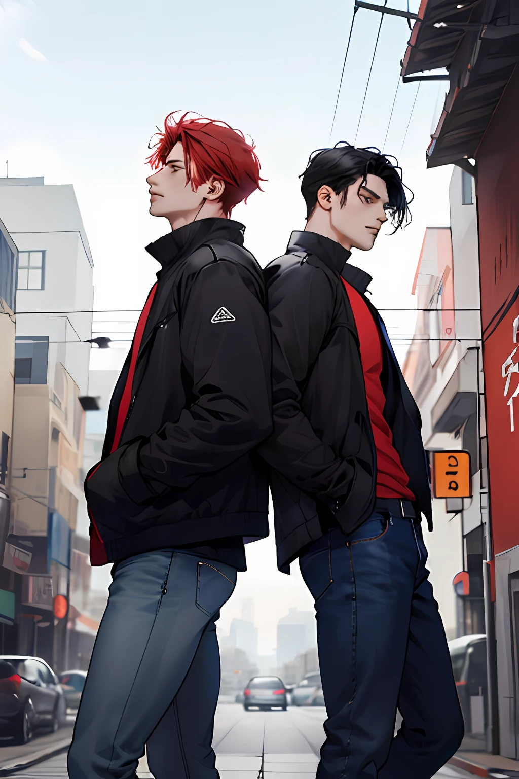 brothers, 2 brothers, back to back, one red hair, tall, strong, wearing a blue shirt, jeans, looking up. The other brother with black hair, medium length hair, wearing a black jacket, black pants, looking down