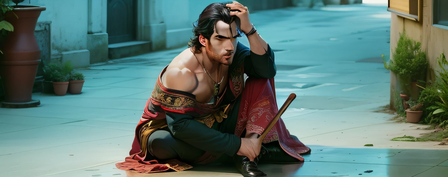 there is a man sitting on the ground with a cane, Henry Cavill on the shiny floor,  ainda de um filme de TV, holy man looking at ground, corpo inteiro uhd, TV --auto