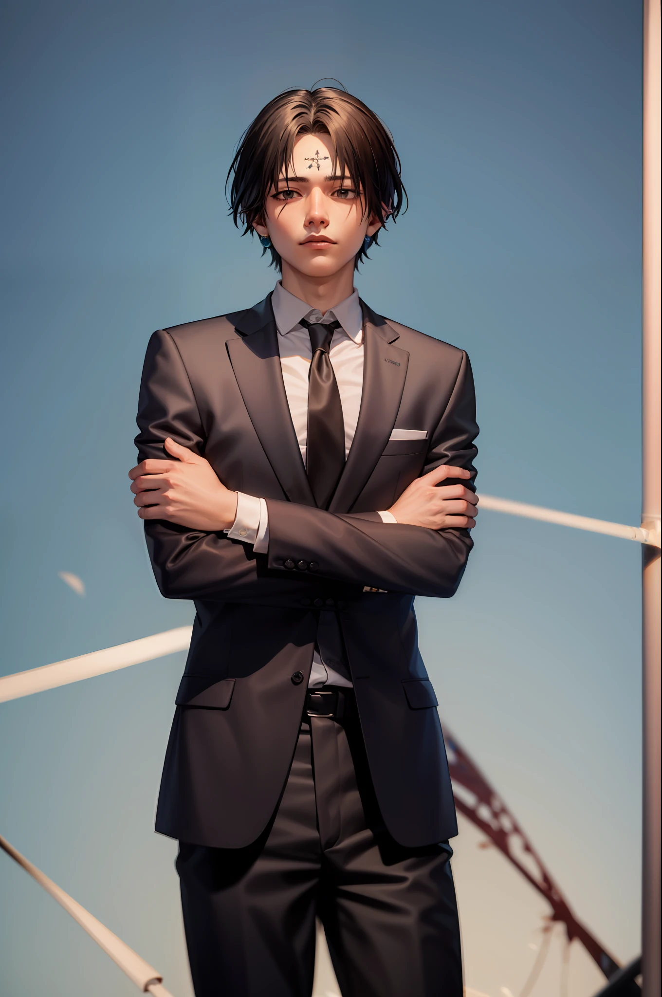 (masterpiece, best quality:1.2), cowboy shot, solo, male focus, 1boy, chrollo lucilfer, expressionless, closed mouth, crossed arms, formal, black suit, collared shirt, black necktie, black pants, black pants, jewelry, bandages, (blood:1.1)