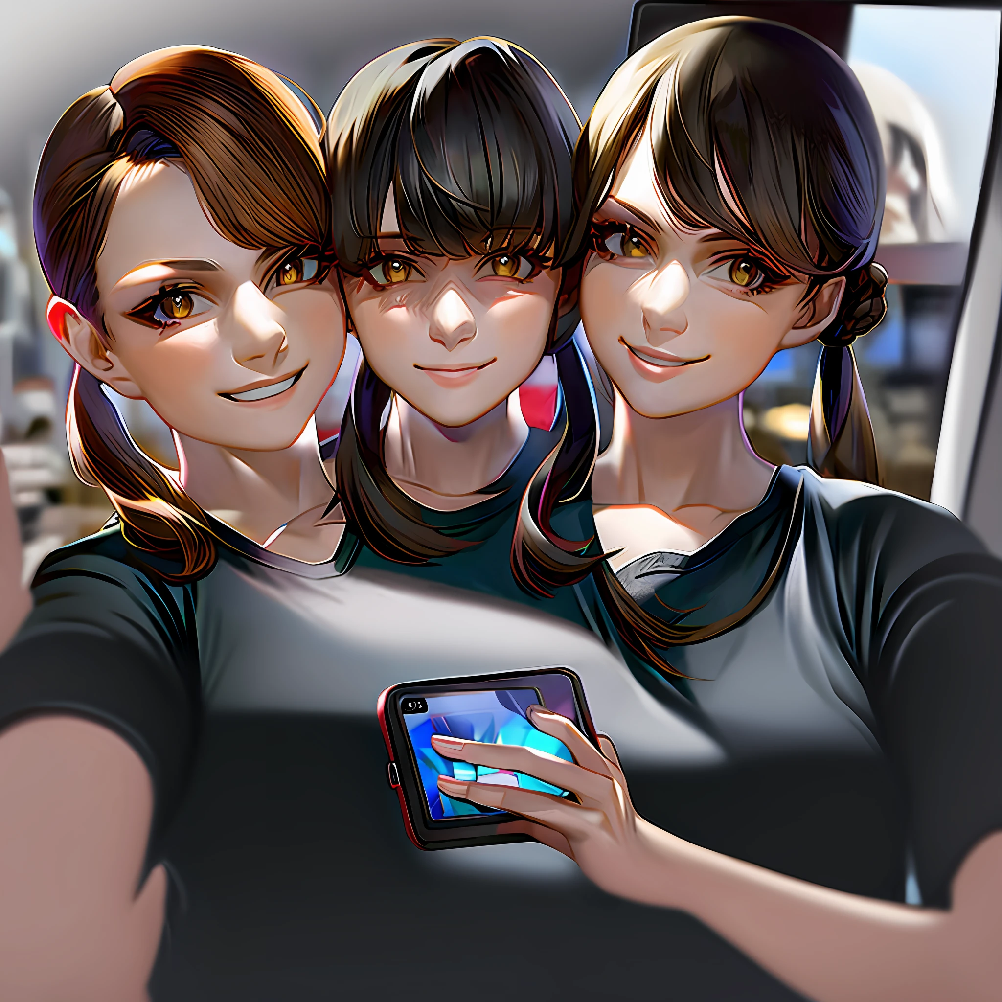 2heads,brown hair, breasts, shirt, selfie, phone, twintails, long hair, holding, holding phone, cellphone, large breasts, looking at viewer, black shirt, t-shirt, 2girls, 1girl, multiple girls, brown eyes, smartphone, mirror, lips, smile, realistic