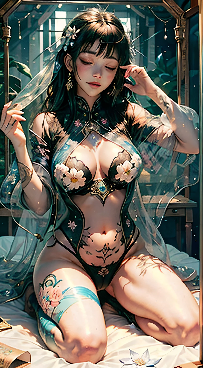 Sleeping Beauty, by Bella🦋 full body, beautiful girl sleeping, room with mirror, girl sleeping on bed and sheets, old clock and lamp on table, full body, black hair, Transparent clothing,open legs, view of pubic hair, 1 sexy girl in transparent forest clothes,exposed breasts, open transparent t-shirt,mandala and flower tattoos, La mejor calidad, Obra maestra, llustration, muy delicado y hermoso, muy detallado, CG, Unidad, Fondo de pantalla de 8k, ridiculous, huge filesize, lente muy ancha, Luz suave,Sleeping Beauty, by Bella🦋 full body, beautiful girl sleeping, full body, black hair, Transparent clothing, slight smile,, open legs, view of pubic hair, 1 sexy girl in transparent forest clothes,exposed breasts, open transparent t-shirt,mandala and flower tattoos, La mejor calidad,